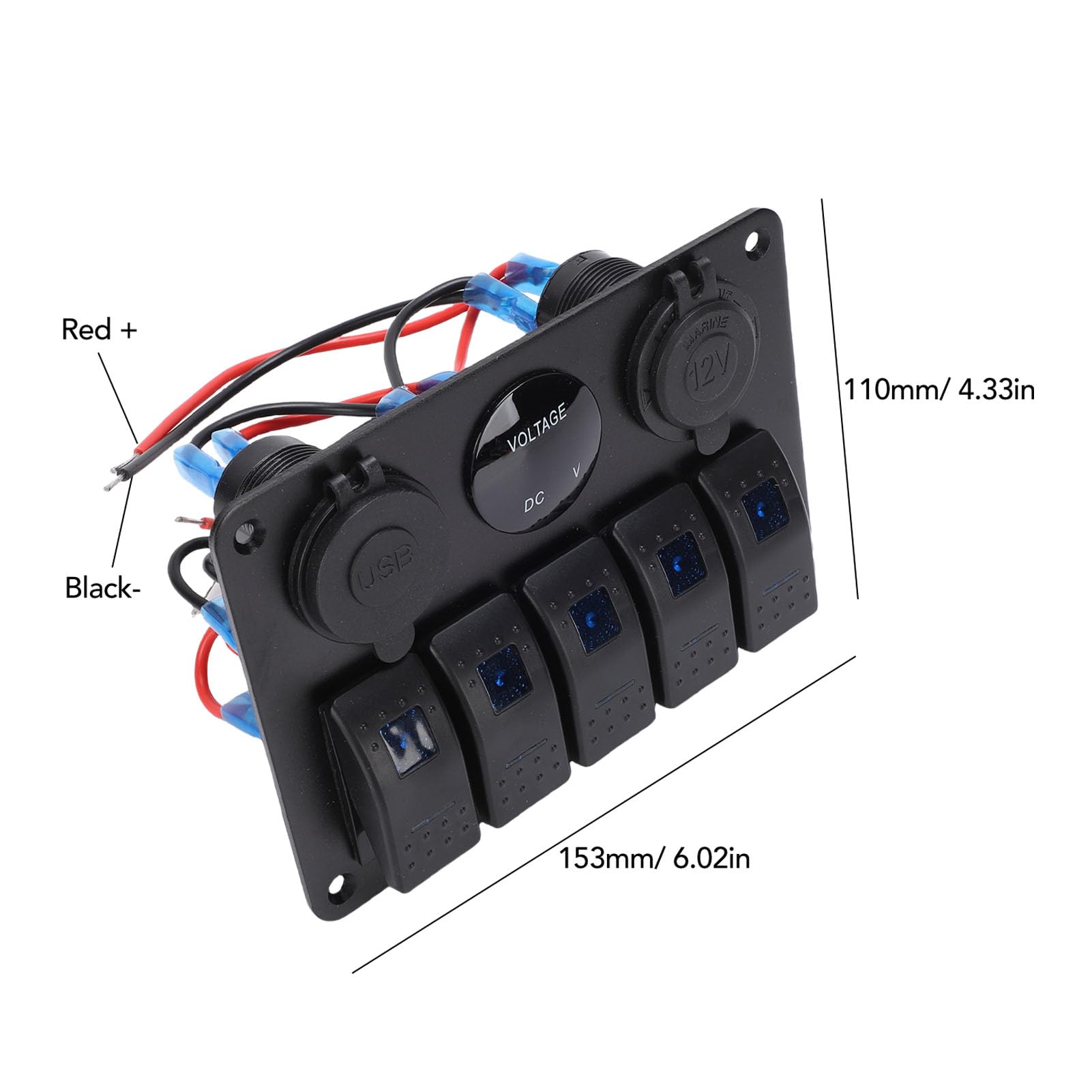 Fockety 5-biegunowy Panel Przełączników Kołyskowych, Podwójna ładowarka USB, Cyfrowy Woltomierz, Gniazdo 12 V z Niebieskim Podświetleniem Wyłączników, 5-stykowe Przełączniki Kołyskowe