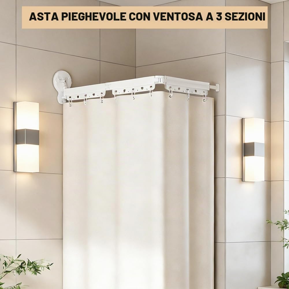 Asta per tenda doccia con ventose, multi-angoli, tripla, 70-104 cm, asta per tenda doccia, senza forare, asta telescopica, tenda per finestre, divisorio e cucina