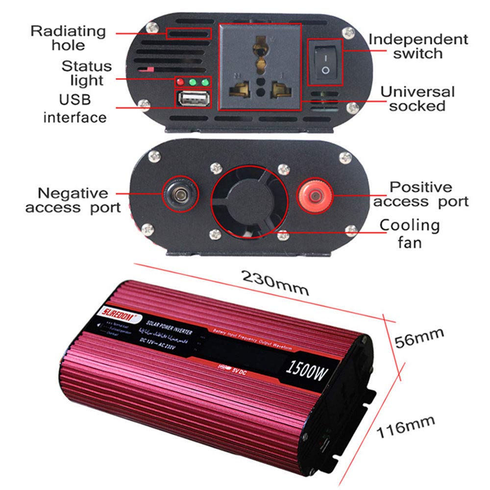 Falownik 1500 W Przetwornica mocy DC 12V na 110V/240V AC z uniwersalnymi gniazdami i portem USB zawiera wtyczkę zapalniczki 12 V do 110 V(24Vto230V)