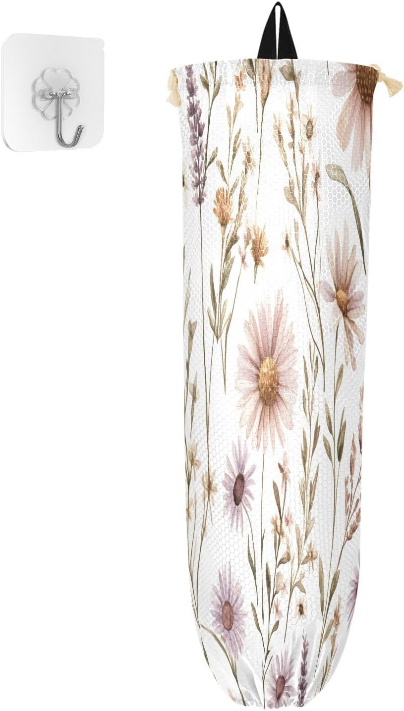 Watercolor Colorful Flower Pattern Plastic Bag Holder, Organizer, Wall Mounted Grocery Bag with Drawstring for Home, Kitchen