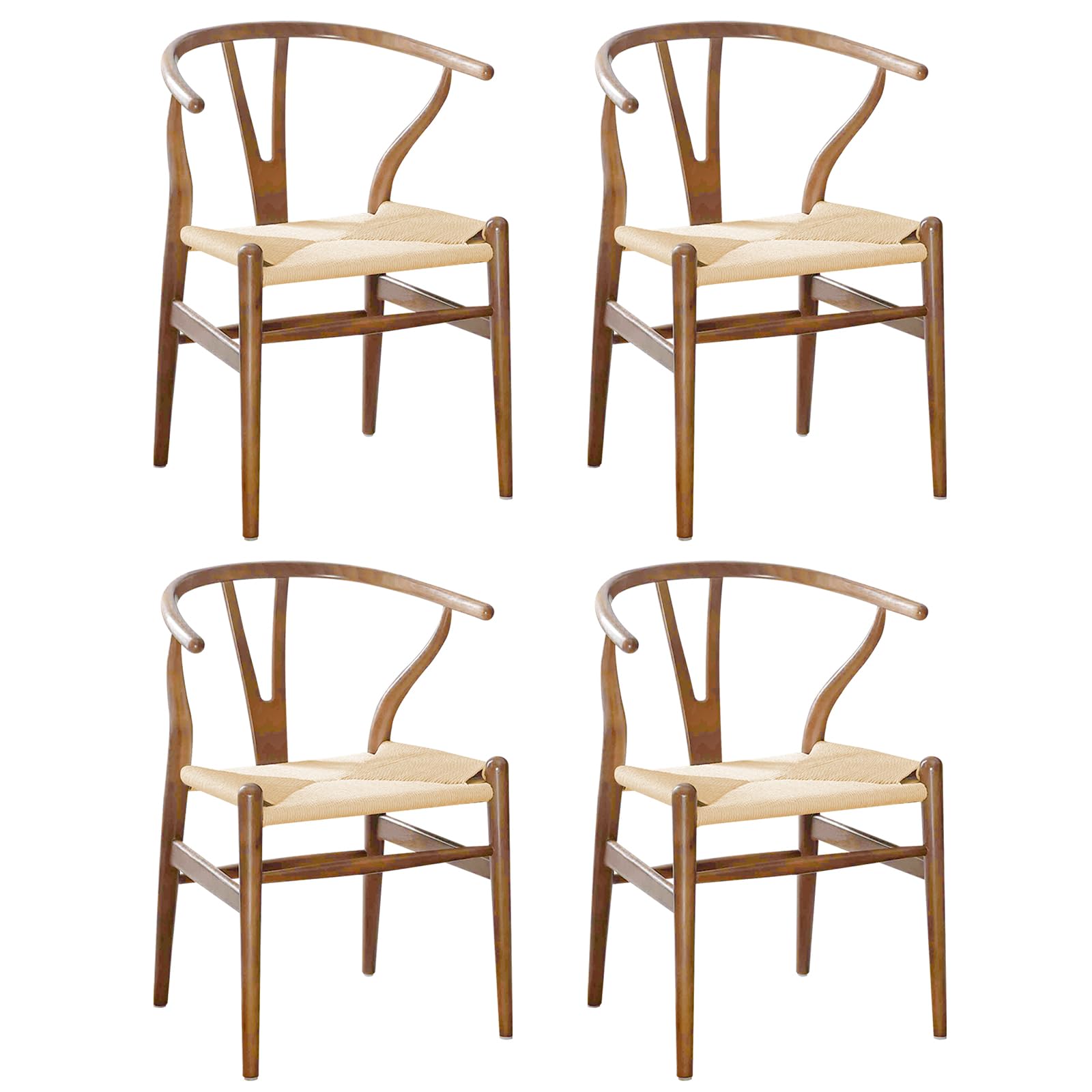 VODUR Wishbone Chair Natural Solid Wood Dining Chair/Hans Vegner Y Chair Rattan and Wood Accent Armrest Chairs Set of 4(Ash Wood - Walnut)
