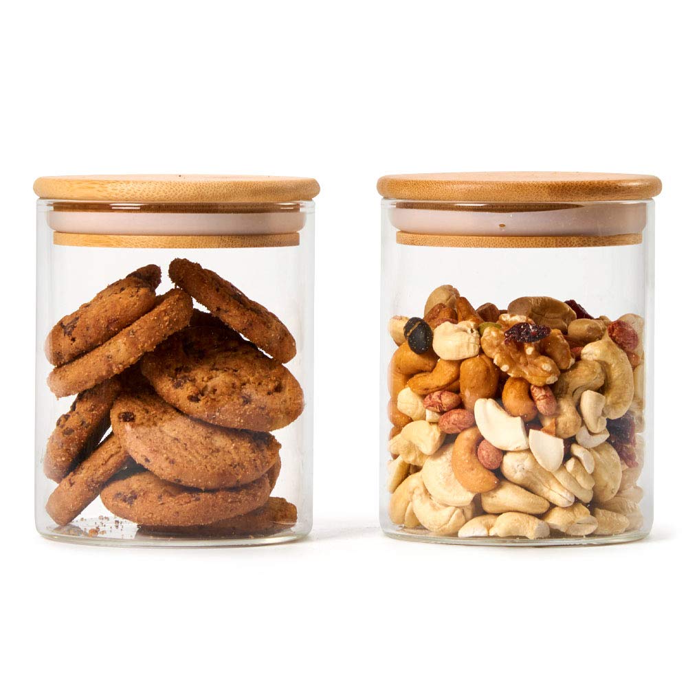 EZOWARE Set di 8 Barattoli di Vetro, Contenitori per la Conservazione degli Alimenti con Coperchio di Legno Bambù Ermetico per Tè Caffè Farina Cereali Fagioli, Vetro Borosilicato - 450ml