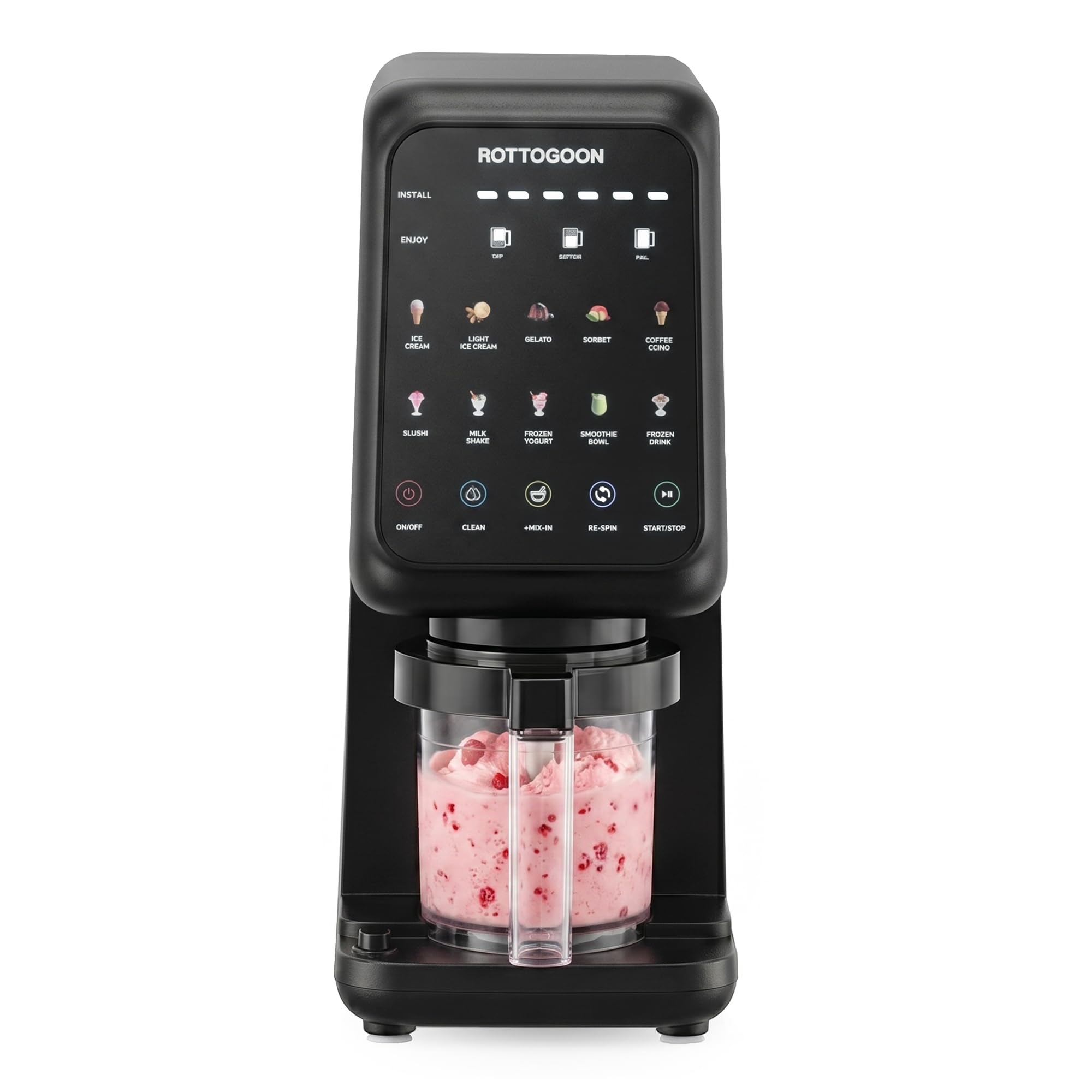 ROTTOGOON Eismaschine mit 3 Bechern 10 Programme für Eiscreme Sorbet Gelato & Frozen Yogurt 2-in-1 Geschmacksoption Softeismaschine für Zuhause mit Mix In Funktion & Automatisches Reinigungsprogramm