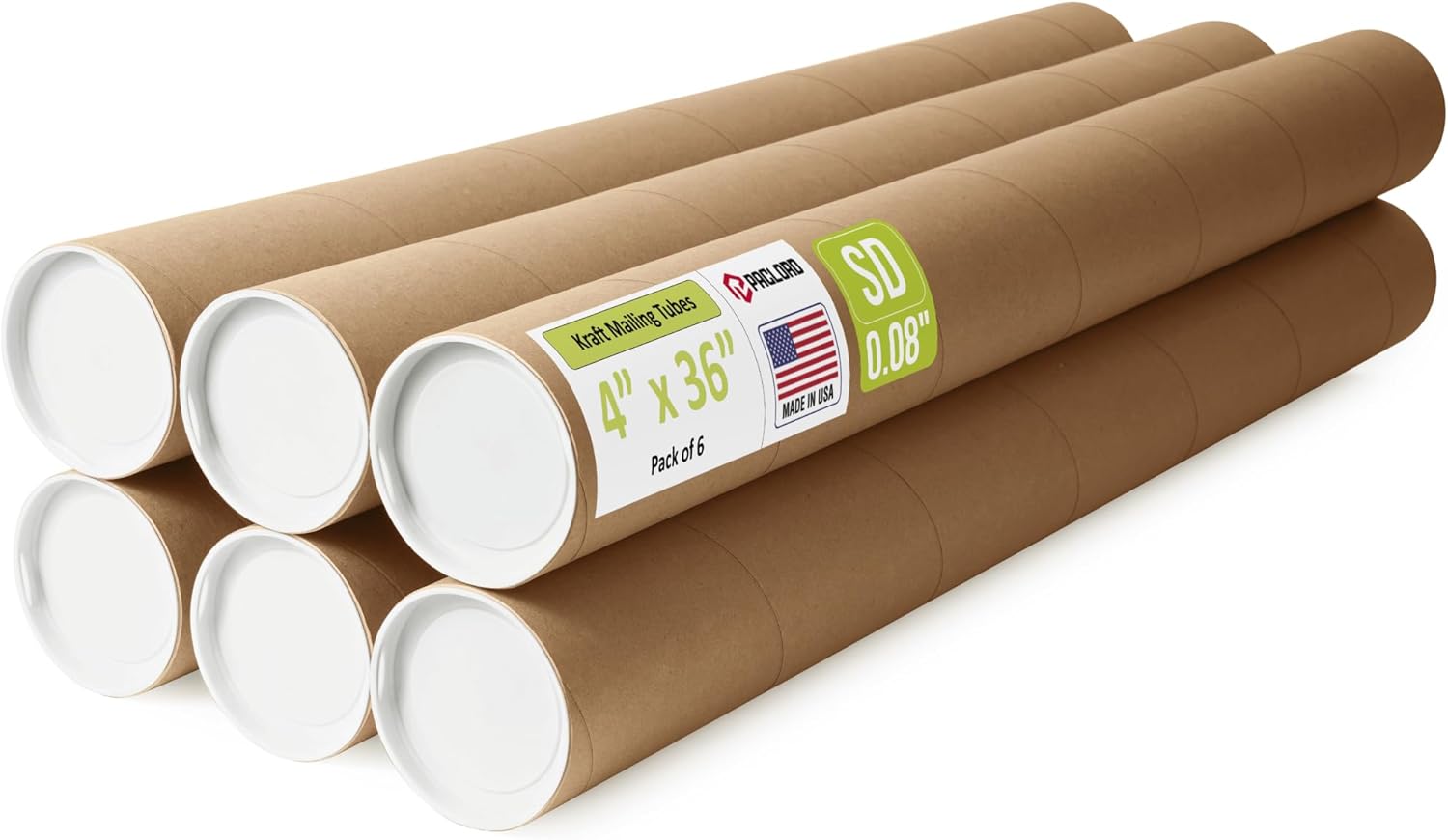 4\" x 36\" reinforced kraft paper mailing tubes, pack of 5 tubes with 2 caps each – usps approved poster tube – made in usa cardboard tube for shipping and storing posters, prints, artwork, or documents standard duty value pack of 6 4\" x 36\"
