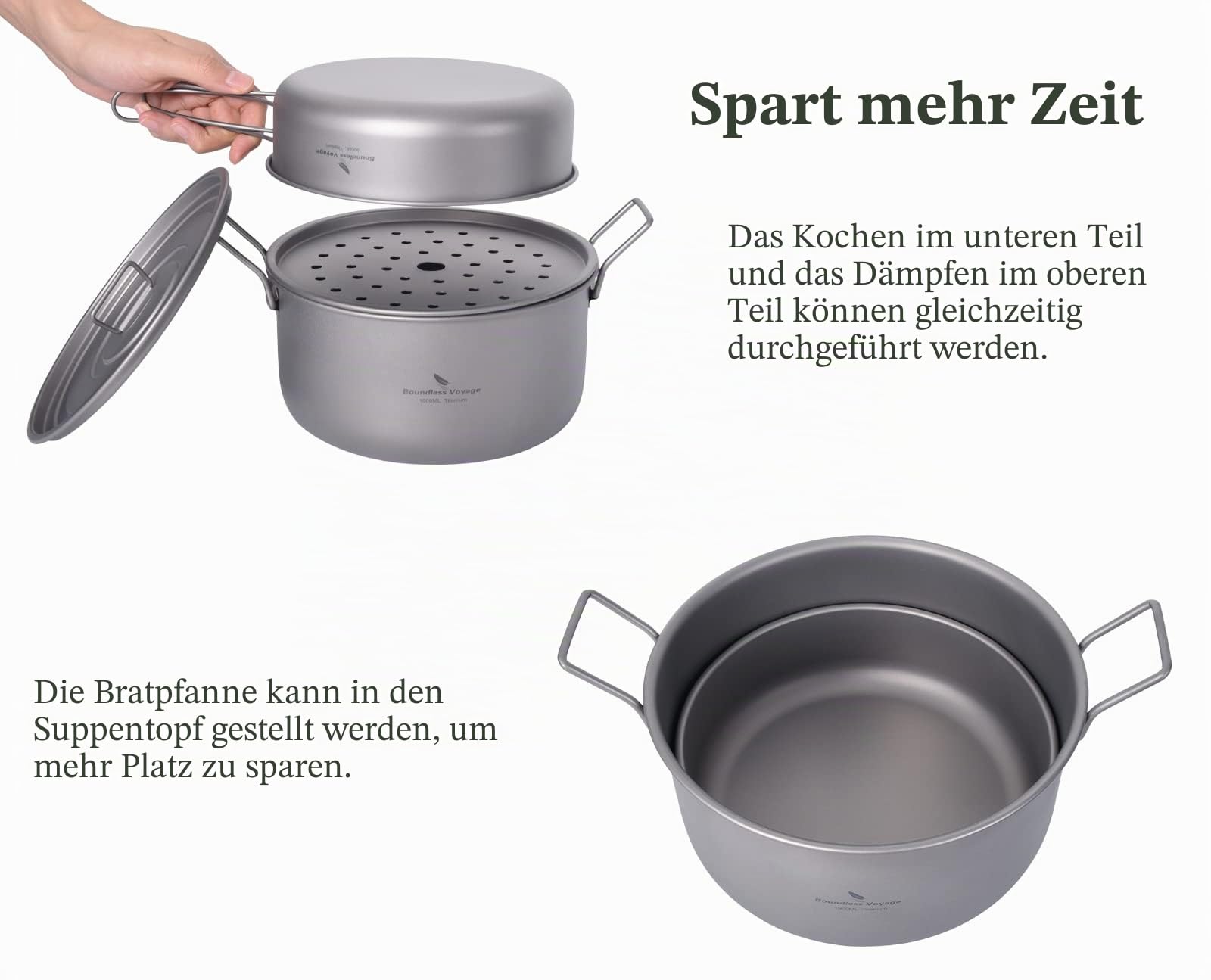 iBasingo 1.9L Titan Topf & 900ml Pfannen mit Deckel Camping Kochgeschirr Dampfgarer Leichtes Tragbar Kochtopf Set Outdoor Indoor Kocher mit klappbarem Griff Ti2057C
