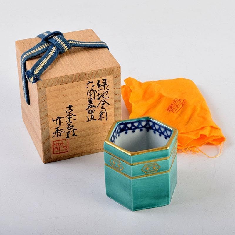 茶道具 古余呂技窯 川瀬竹春作 緑地金彩 六角蓋置 共布 茶道具 古余呂技窯 川瀬竹春作 緑地金彩 六角蓋置 共布