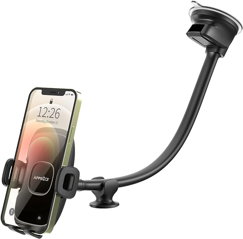 14'' Gooseneck Car Truck Phone Holder, Windshield Phone Mount | Flexible Long Arm, Anti-shake Stabilizer, Industrial-Strength Suction Cup, for Most Trucks/Cars, Fits Most iPhones/ Phones