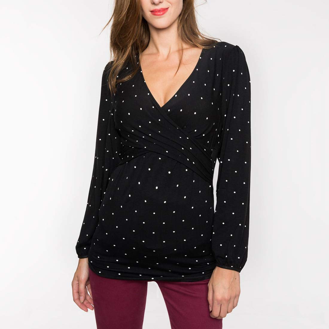 SISAY T-Shirts à Manches Longues Maternité Vetement Femme Enceinte Grossesse Hiver Tee Shirt Allaitement Haut Imprimé Mignon Tunique Portefeuille Col V Blouse Automne Pull Printemps Chic et Elegant