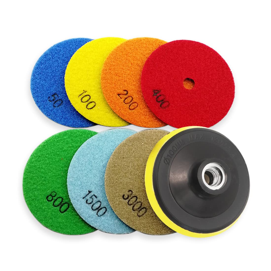 BRSCHNITT Dry Diamond Polishing Pad Set,7pcs 4 inch (#50-#3000),for Granite Stone Marble Sanding used on Grinder or Polisher, with Hook & Loop 5/8-11 Plastic Backing Holder Pads
