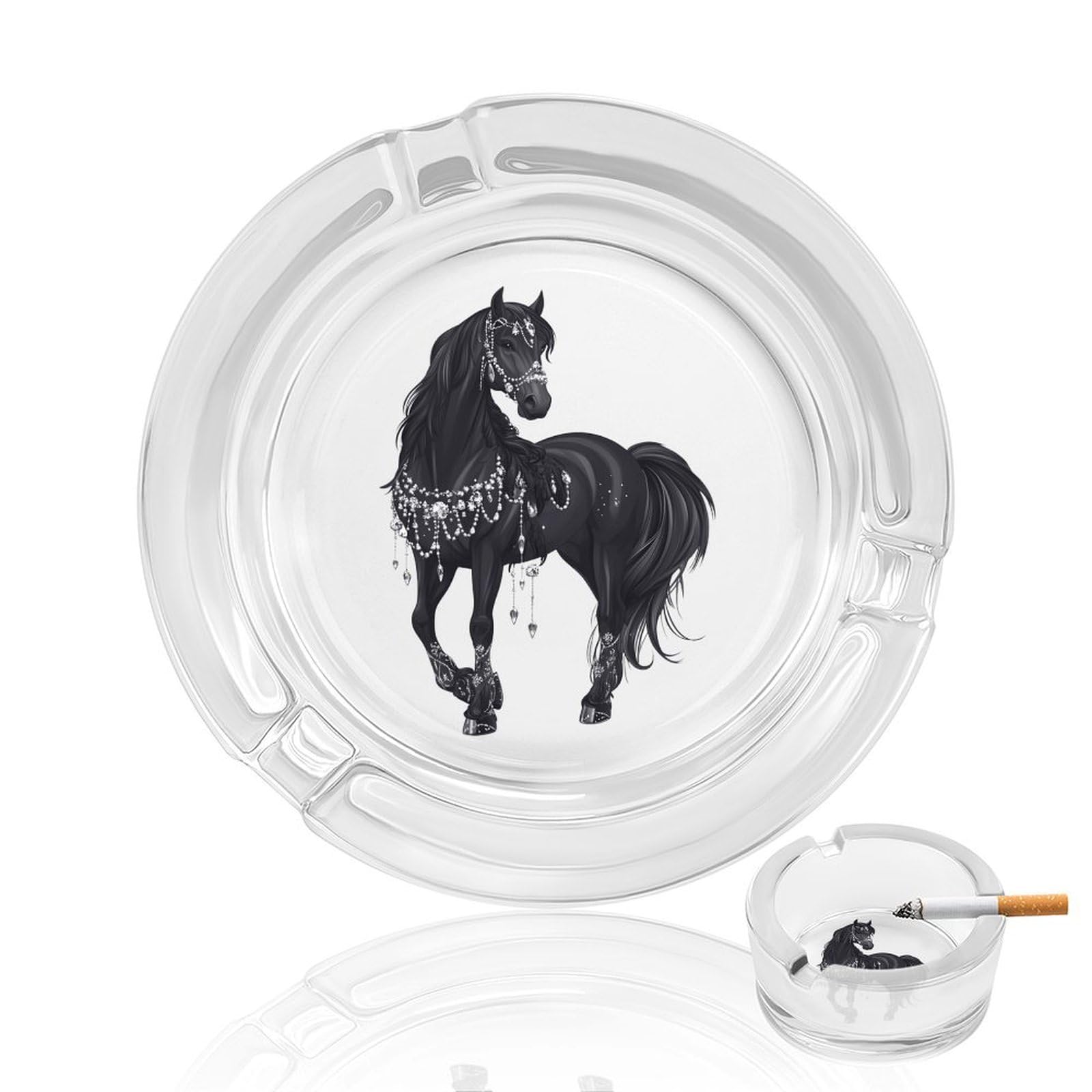 Black Arabian Horse Ashtray Portable Round Glass Outdoor Ash Tray for Home Office Garden Pub