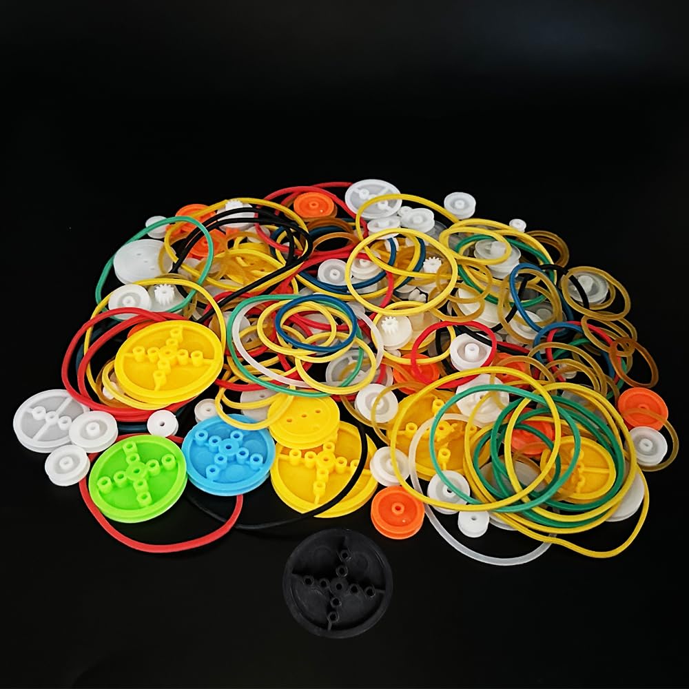 190PCS Belt Pulley Set 2MM Hole Plastic Belt Pulley with Rubber Band for DIY Model Toy RC Car Robot Airplane Accessories (190)