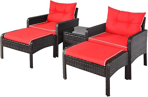 Miniatura 9 de Juego de muebles de mimbre para patio, juego de conversación de mimbre modular para exteriores con 2 otomanas y mesa de centro de vidrio templado,