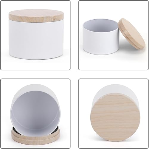 Miniatura 3 de NEXBEXES 24 latas de velas blancas de 4 onzas con tapas de impresión de grano de madera de metal. Tarros de velas, latas de velas a granel para