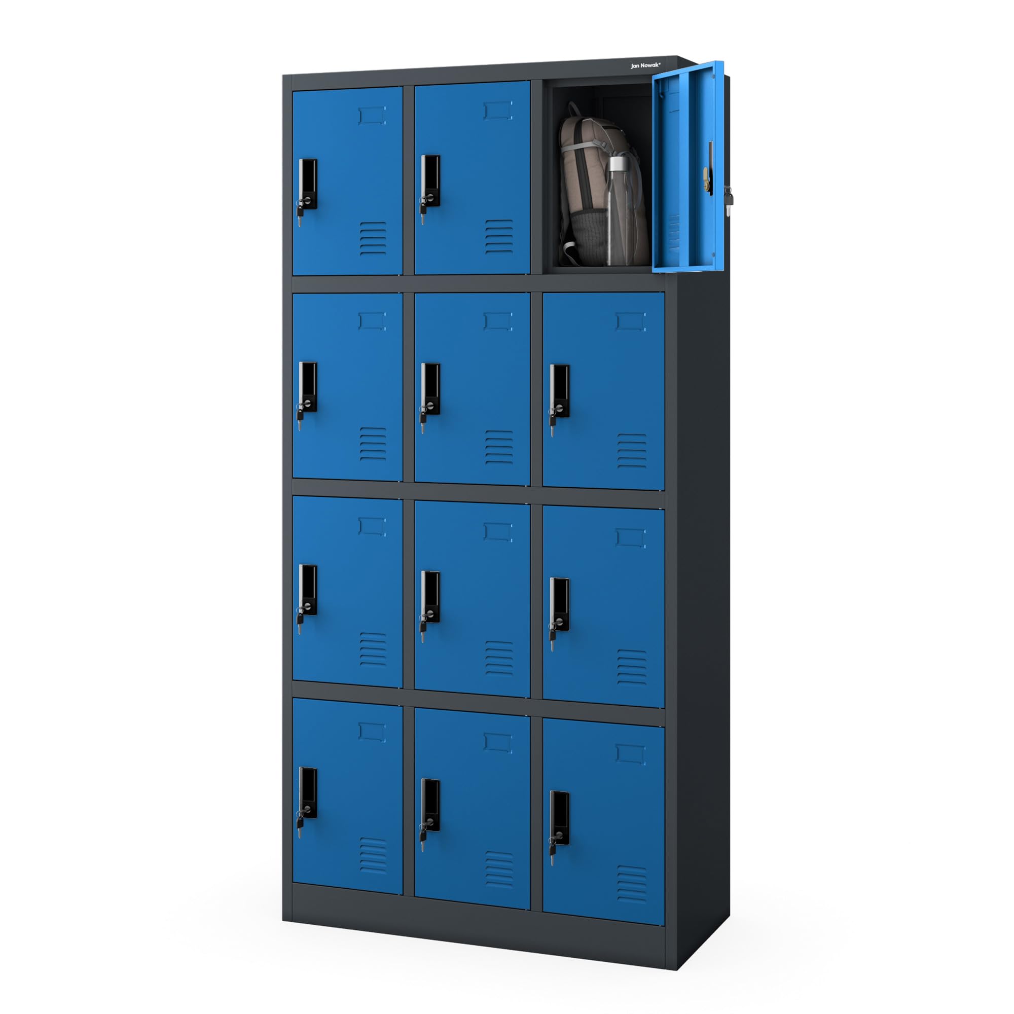 Jan Nowak Armoire à casiers métallique 12 Cases, casier vestiaire collectif verrouillable, Armoire vestiaire Personnel avec Ventilation et Porte étiquette, 185 x 90 x 40 cm