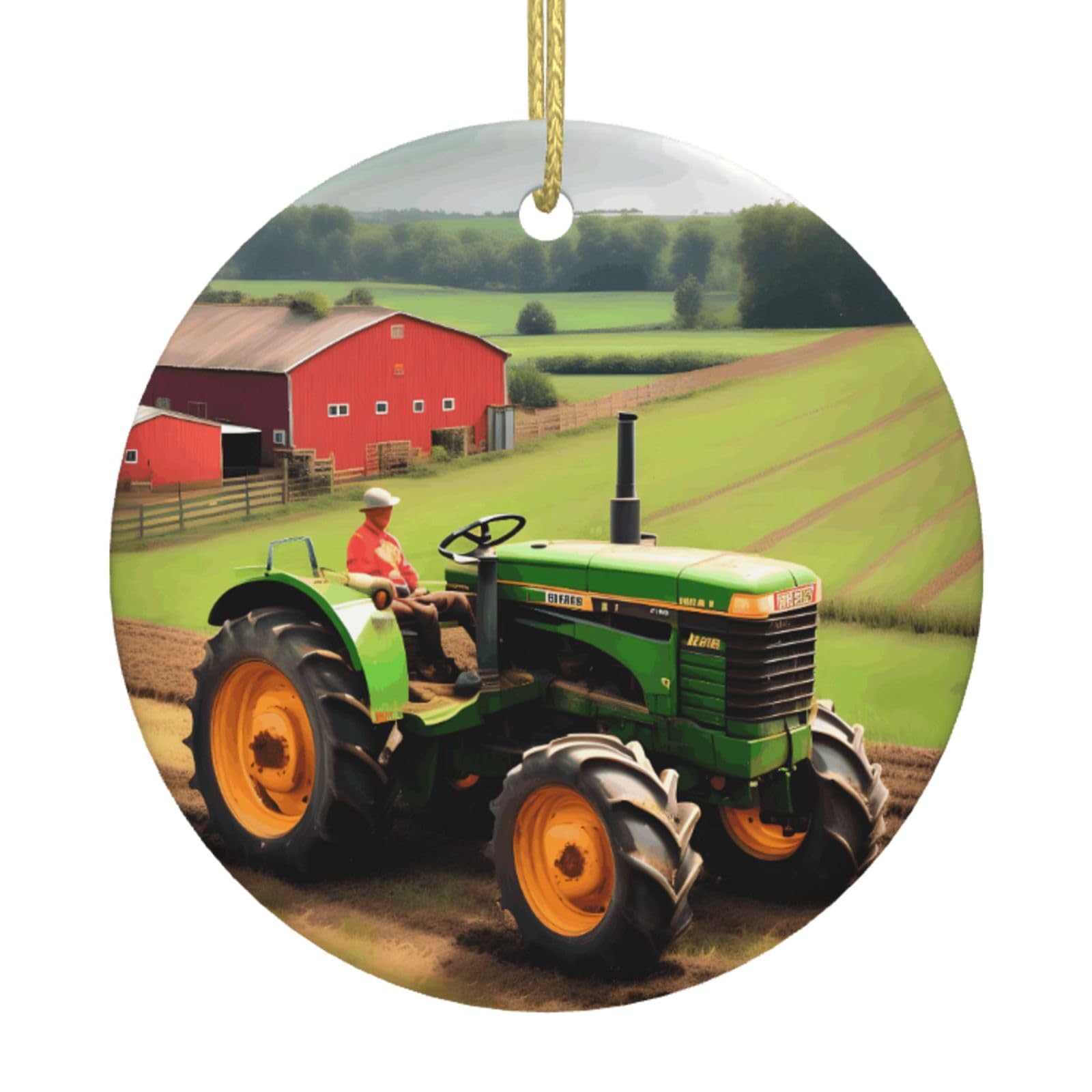 Tractor Farm Pattern Print Christmas Ornaments, Ceramic Hanging Ornament, Round Shape Decorations