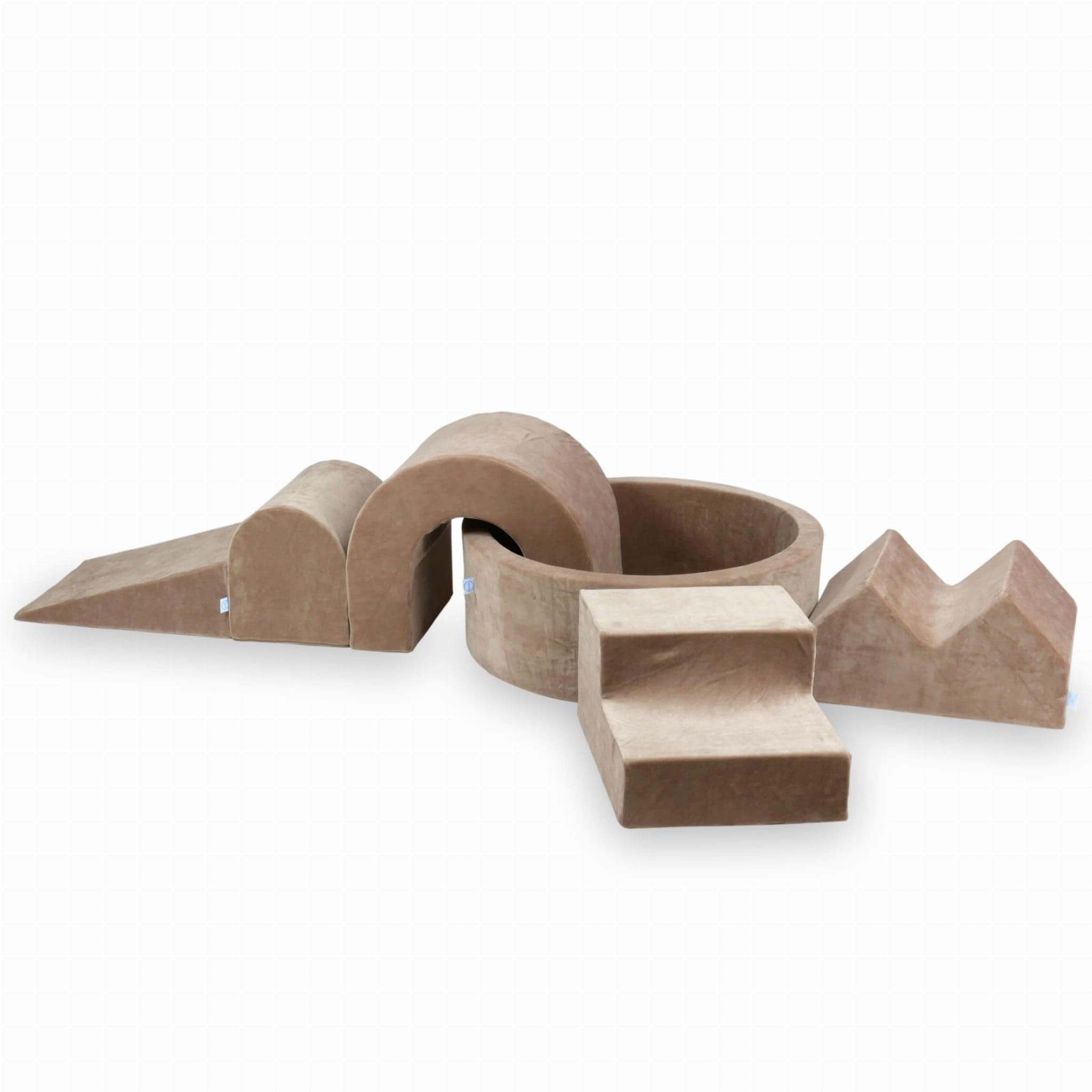 Mimii Parco giochi in schiuma con piscina rotonda con palline da 90 x 30 cm, Velvet Soft beige scuro, 5 elementi giocattolo da arrampicata per interni, grandi mattoncini per gattonare e arrampicare