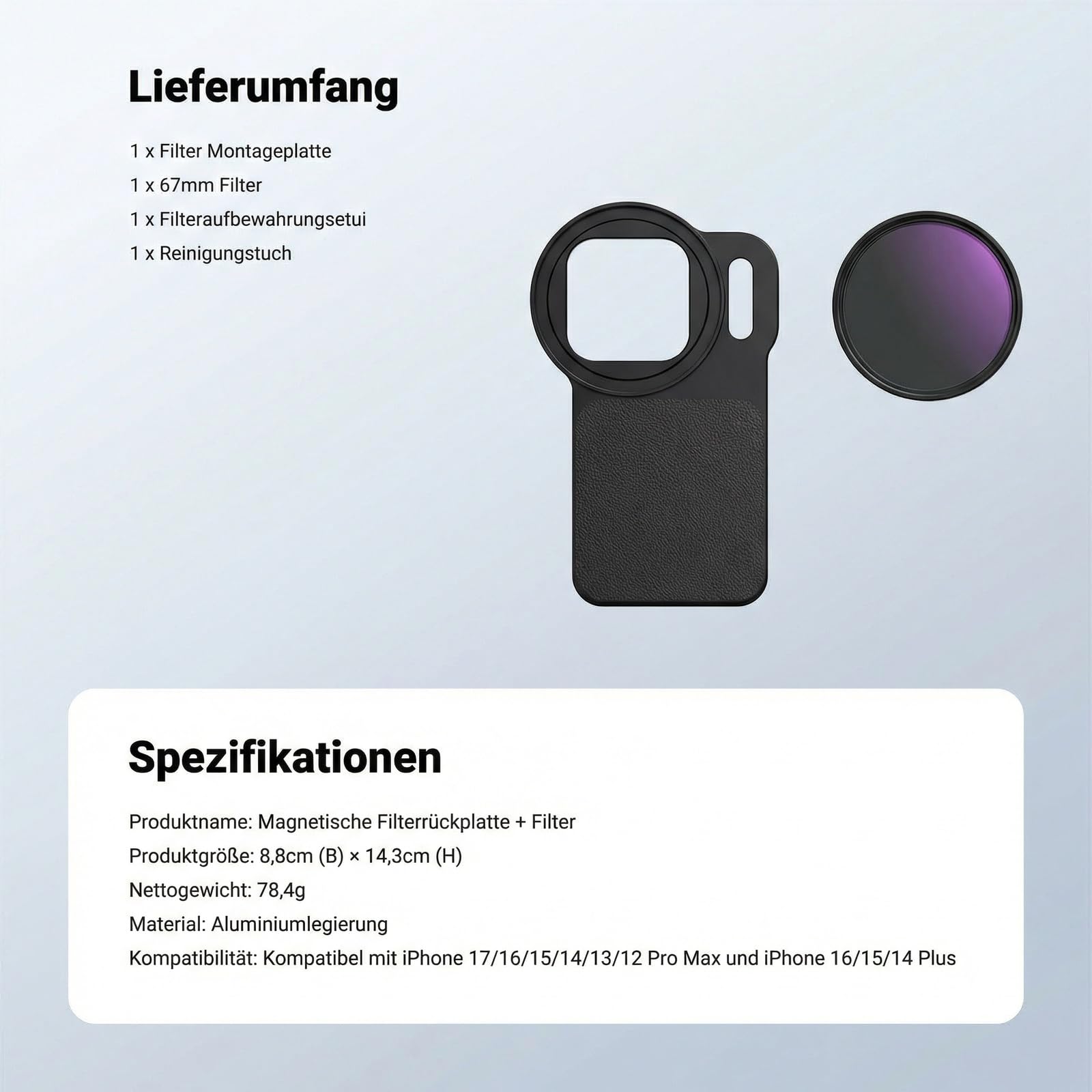 NEEWER 6,9" Magnetisches Handy Objektiv Filter Halterungsadapter Rückplatte Zubehör mit 67mm Variablem Graufilter (ND 2-32) kompatibel mit MagSafe iPhone 12/13/14/15/16/17 Pro Max und 14/15/16 Plus