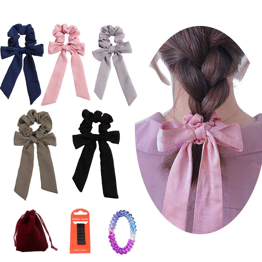 DINPREY Chiffon Hair Scrunchies, Bow Hair Scrunchies,Solid Colors Scrunchy Hair Rope Ties,Bow Elastics Hair Bands,Bowknot Ribbon Ponytail Vintage Hair Accessories for Women and Girls (5 Colors Pack A)