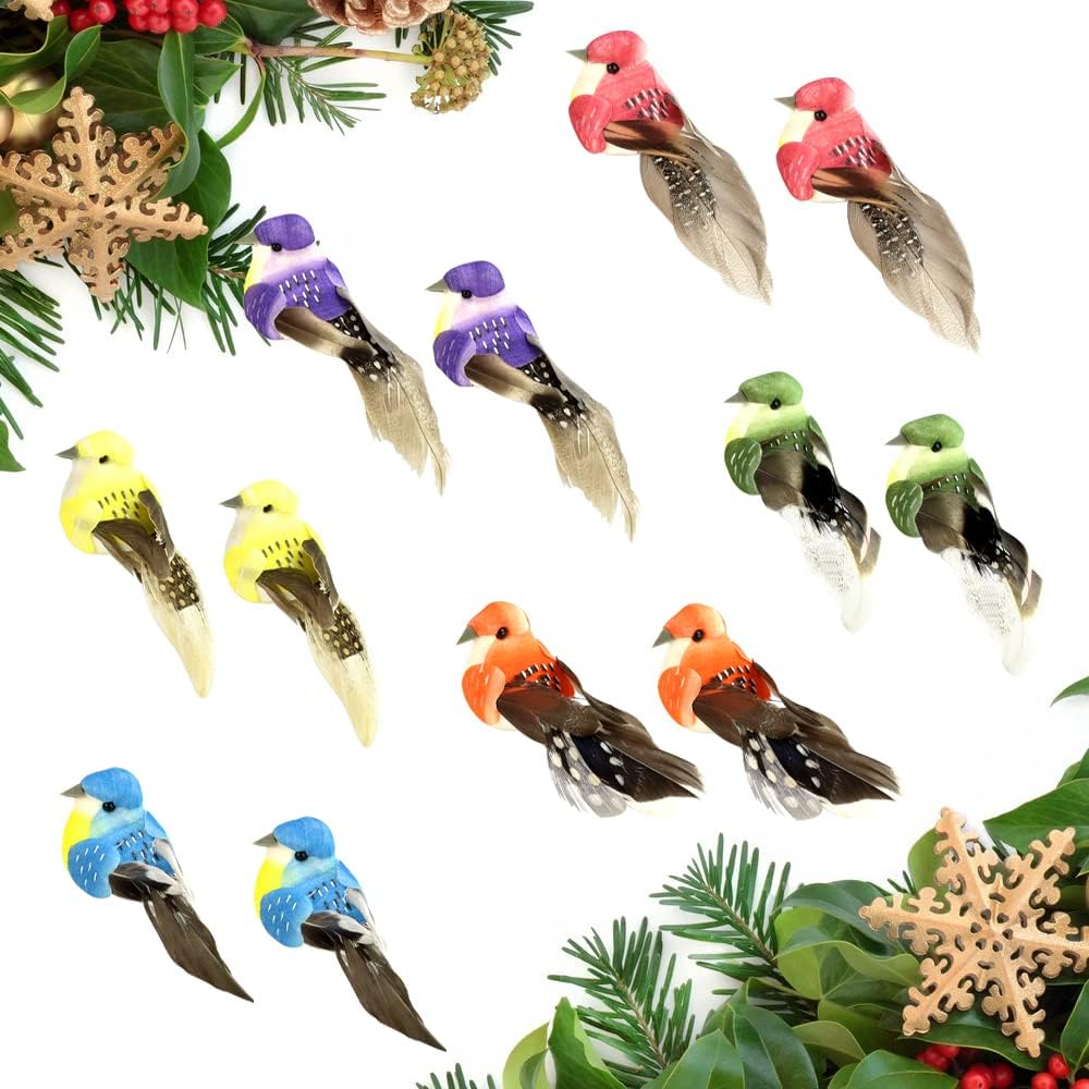 Artificial Birds - 12 Pcs Colourful Feather Birds Realistic Decorative Christmas Tree Ornaments