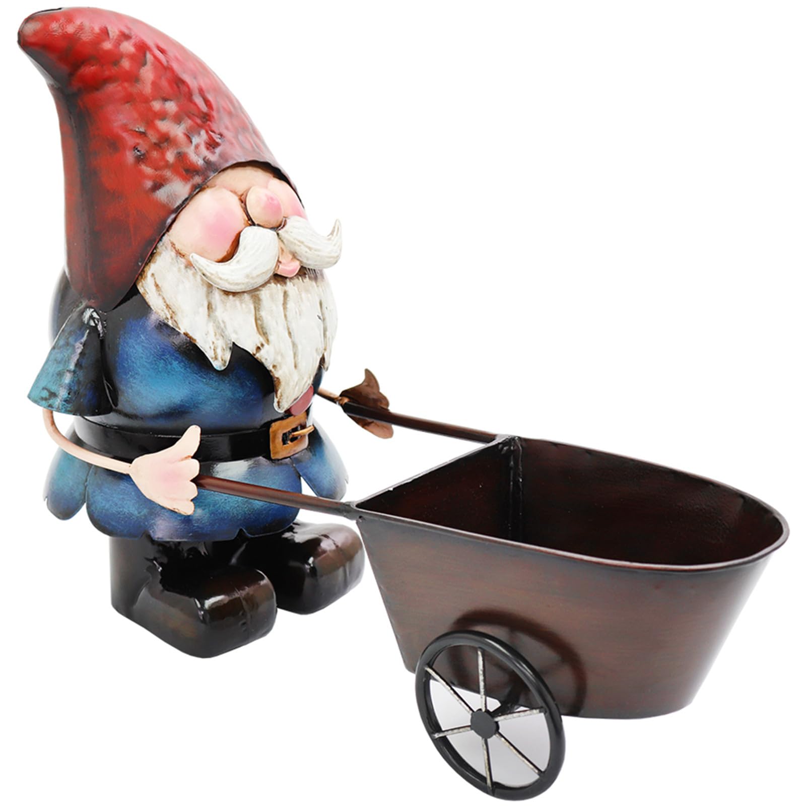 Primus Home & Garden Hand Painted Primus Metal Gnome With Wheelbarrow Planter Garden Ornament Sculpture Gift, 40 X 13 X 30Cm