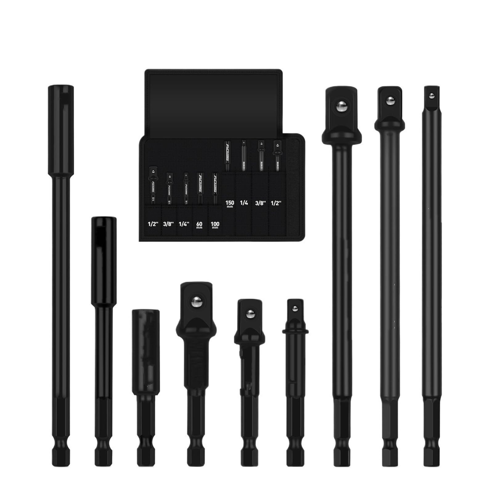 9-częściowy zestaw adapterów nasadek udarowych (nakrętki 1/4", 3/8", 1/2" Zestaw przedłużek