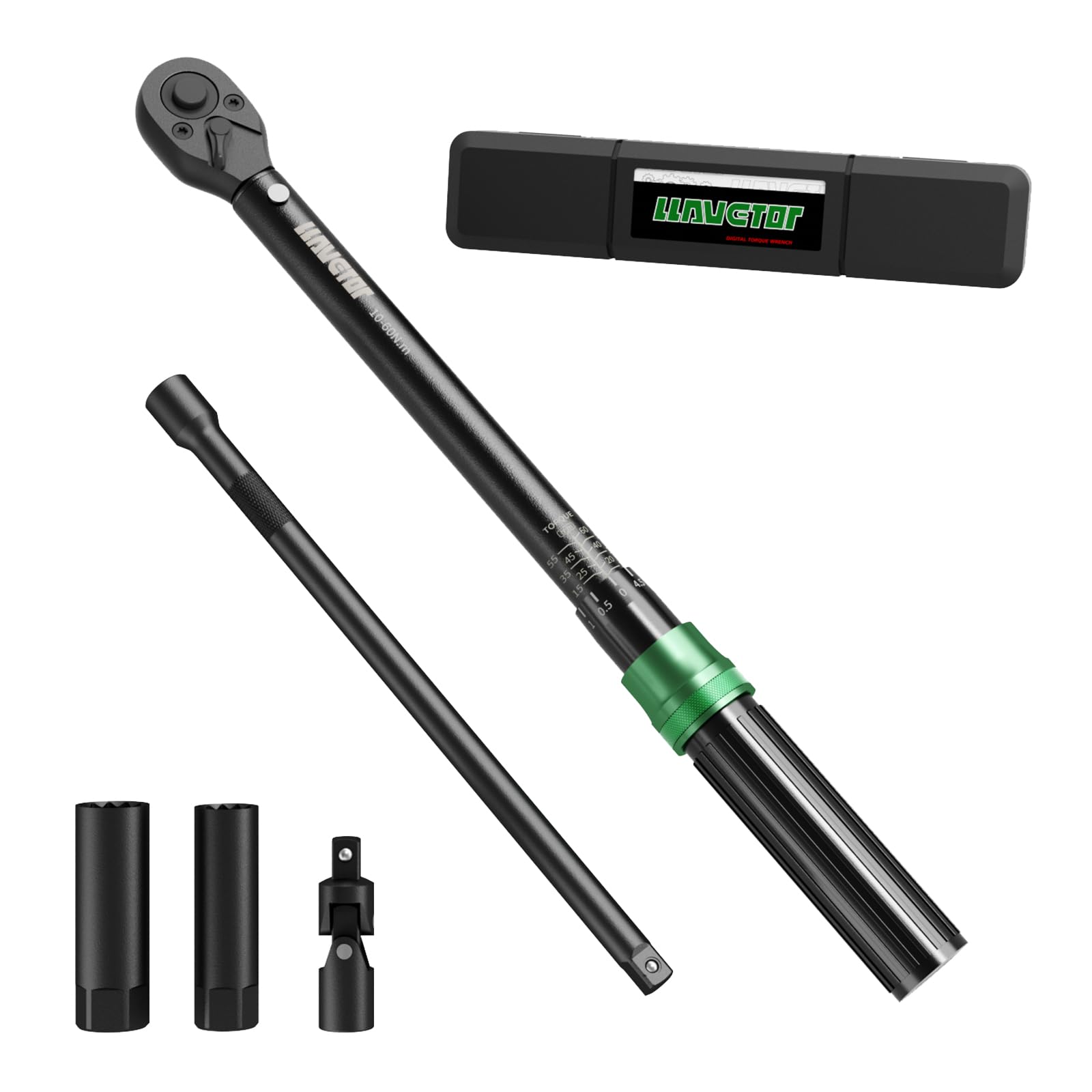LLAVETOR Llave Dinamométrica 3/8", 10-60NM Llave de Torque, 9 Piezas Juego Llaves Vaso con Extensión de 250MM, Junta Universal, Magnética Vasos de Bujía para Bicicleta, Moto, Coche
