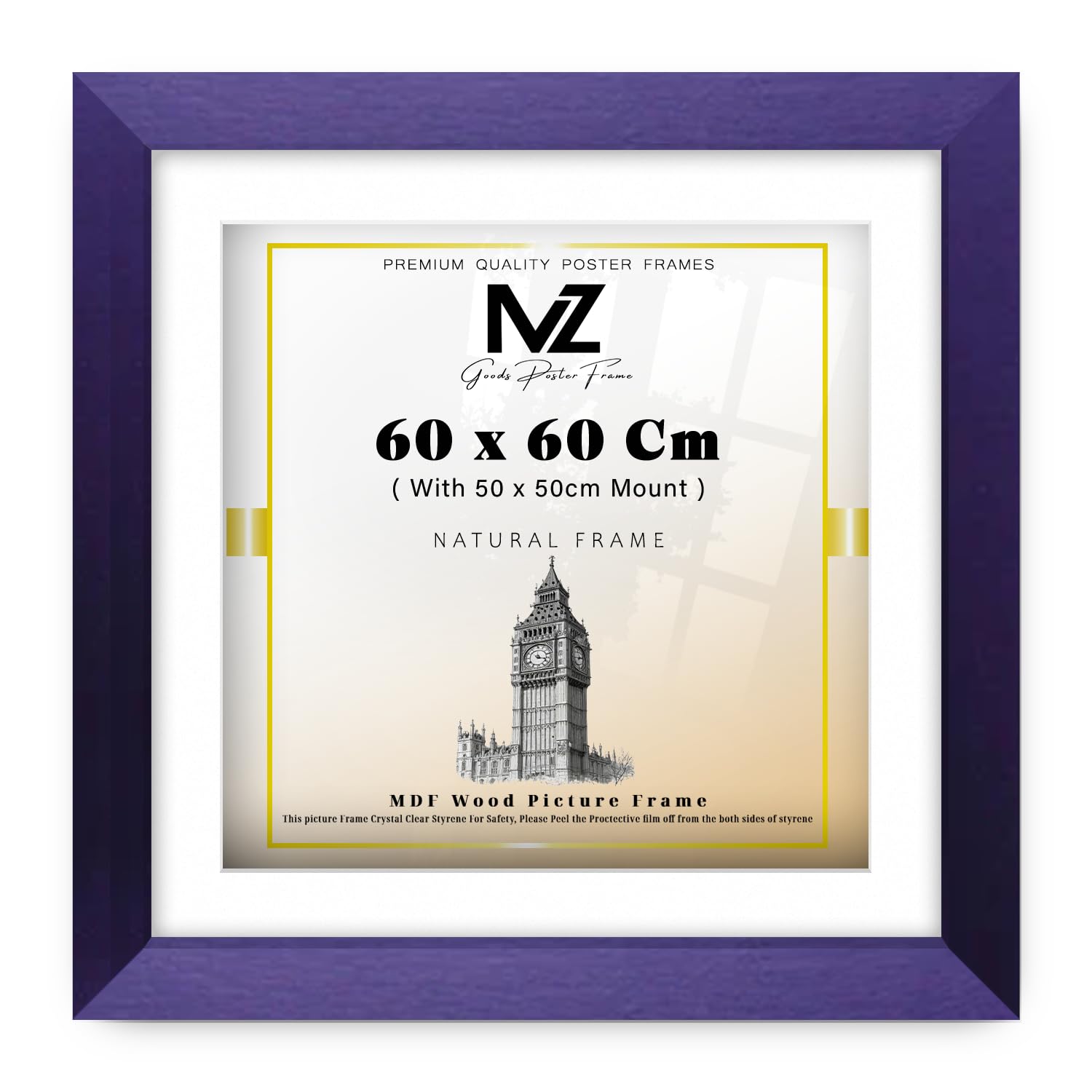 MZ GOODS | Eton Wood 600 x 600 mm With 500 x 500 mm White Mount Frames Purple 24" x 24" Perfect for Home, Office, (60 x 60 Cm) [ Purple ]