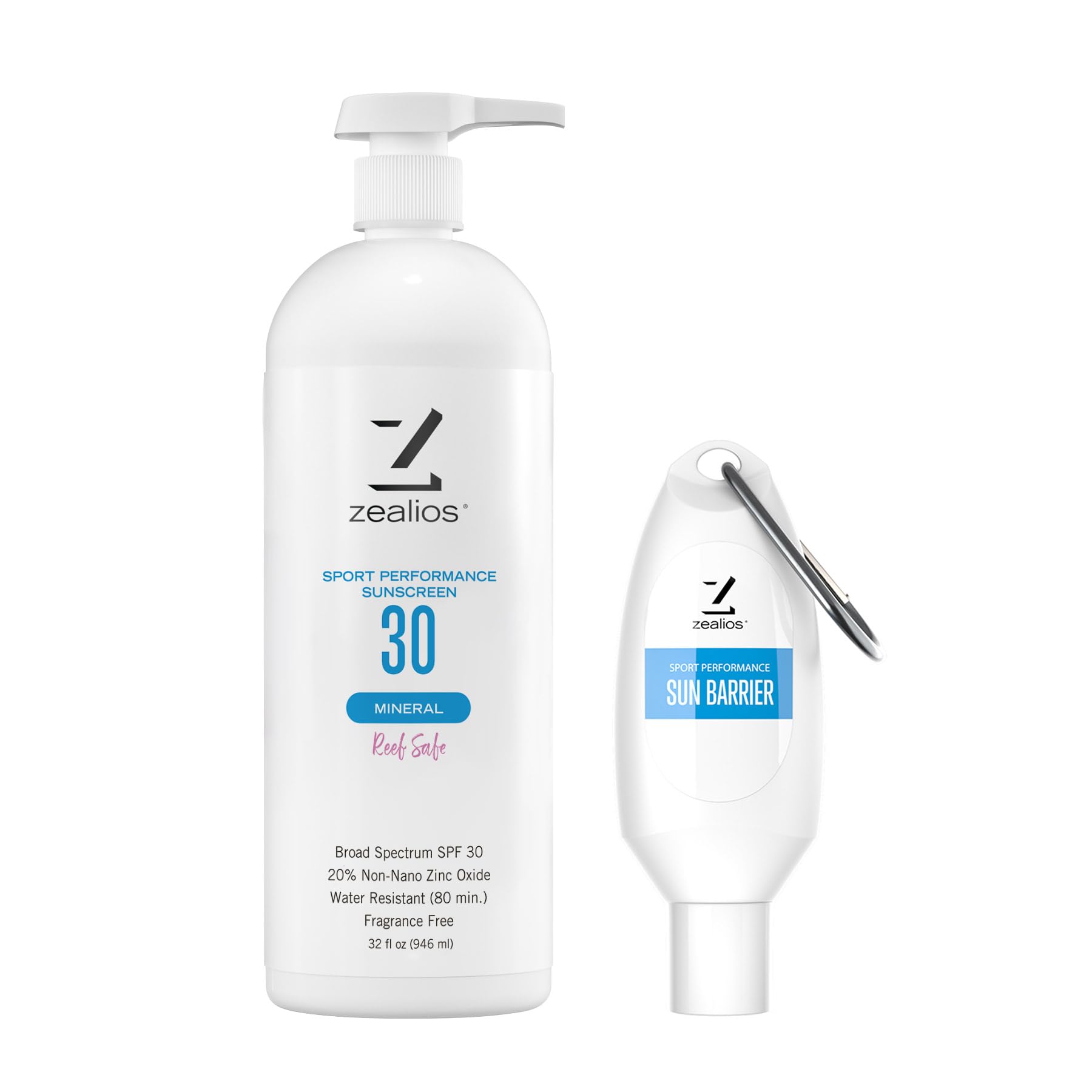 Zealios Sport Performance Mineral Reef Safe SPF 30 Sunscreen, 32 oz Bottle Plus Travel Bottle, Water Resistant Non-Greasy Sunscreen, 20% Non-Nano Zinc Oxide, for Running, Cycling, Swimming