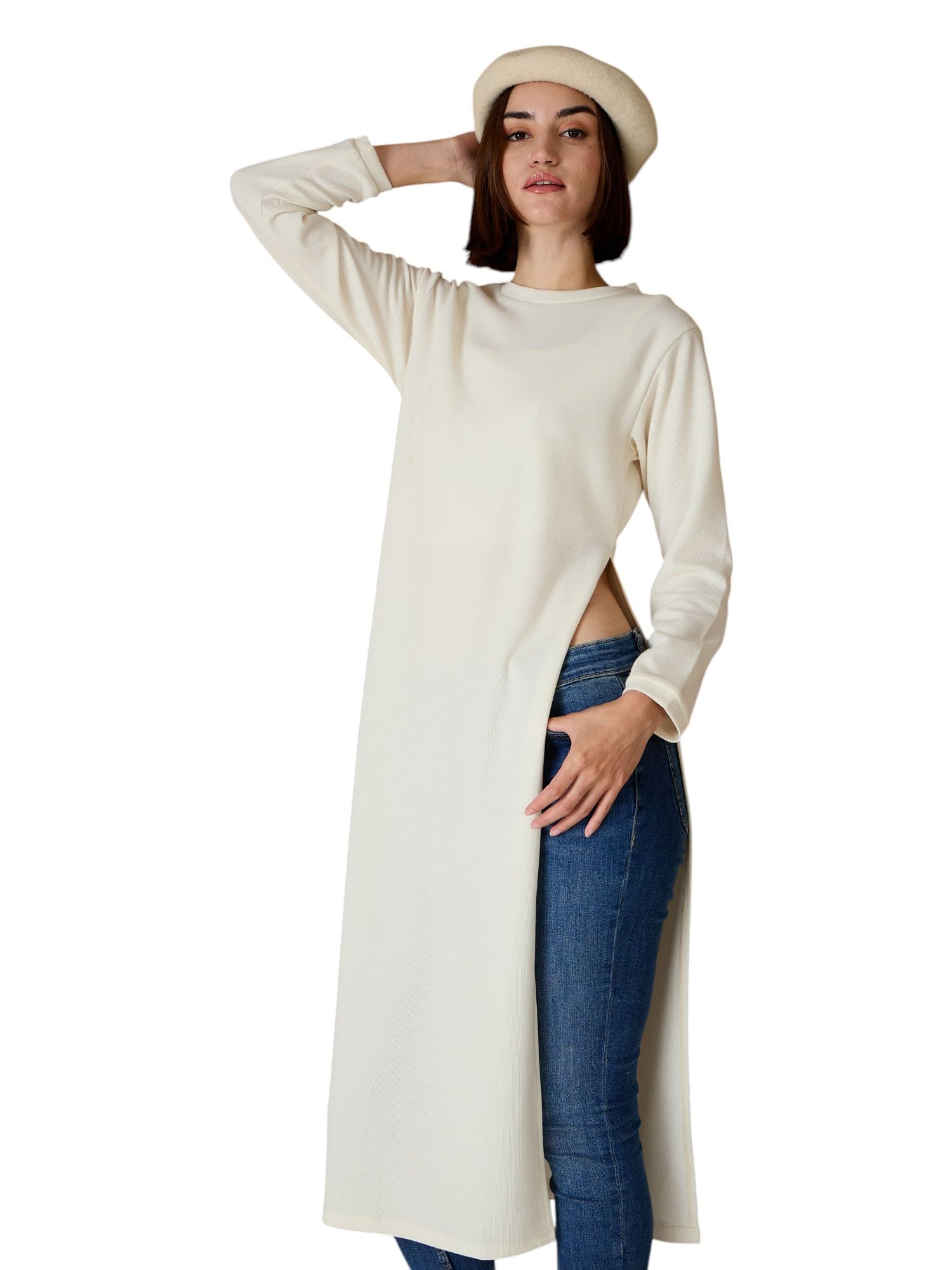 sassafras Off-White Round-Neck High Slit Sweater-picture-55