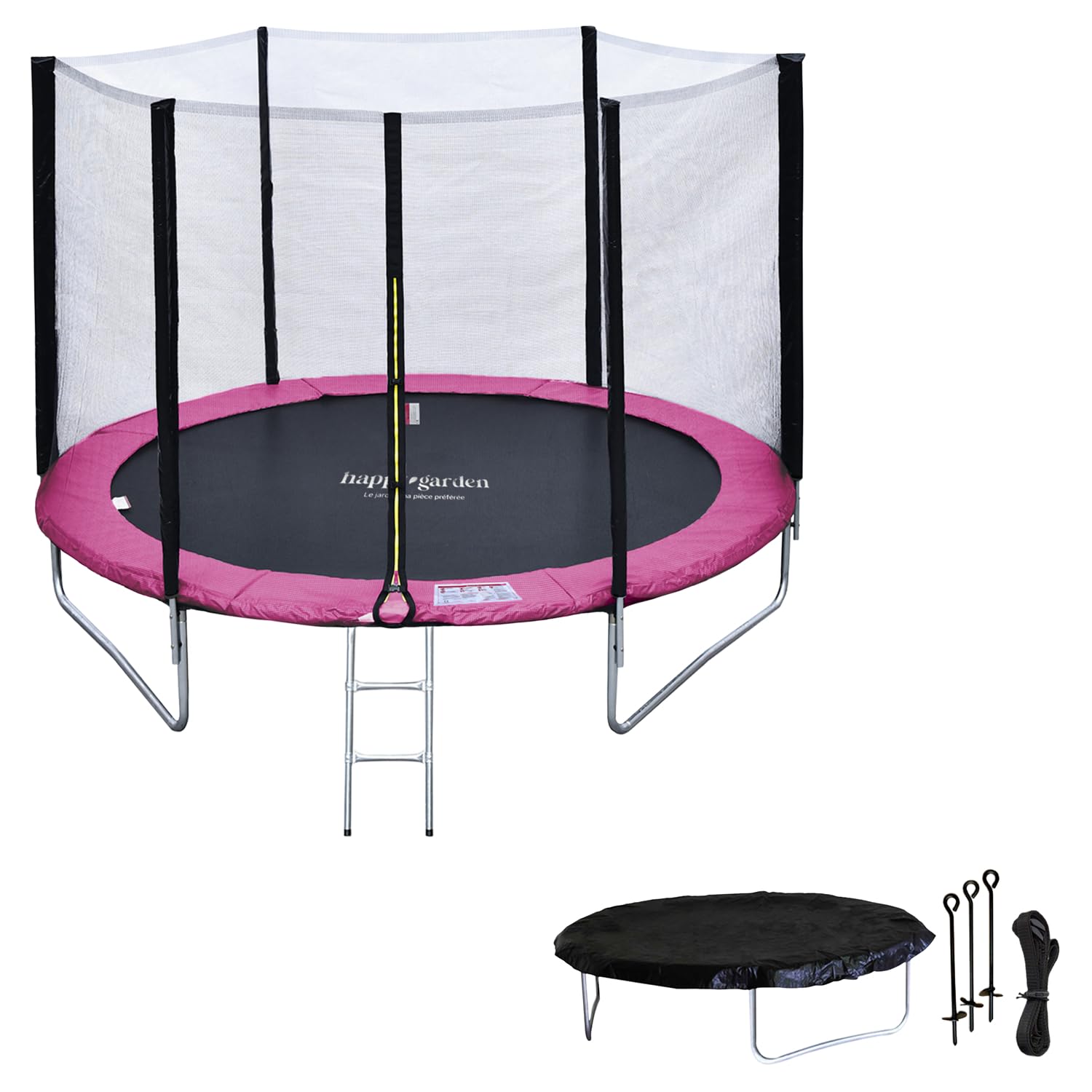 Pack Premium Trampoline Enfant Ø 245 cm avec Filet de sécurité + échelle + bâche + kit d'ancrage – Réversible Gris/Rose – Usage extérieur – Canberra – Dès 3 Ans