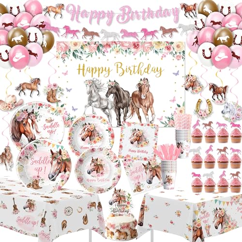 Srua Don Horse Birthday Party Supplies Girl Pink Western Cowgirl Horse Party Decorations for Birthday Baby Shower Plate Cup Napkin Backdrop Topper Tablecloth Balloons Swirls Banner Serve 24
