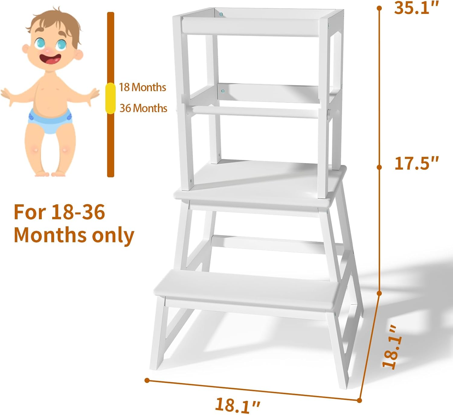 Kitchen Step Stool for Kids with Safety Rail,Solid Wood Construction Toddler Learning Stool, Montessori Toddlers Kitchen Stool Tower(White)