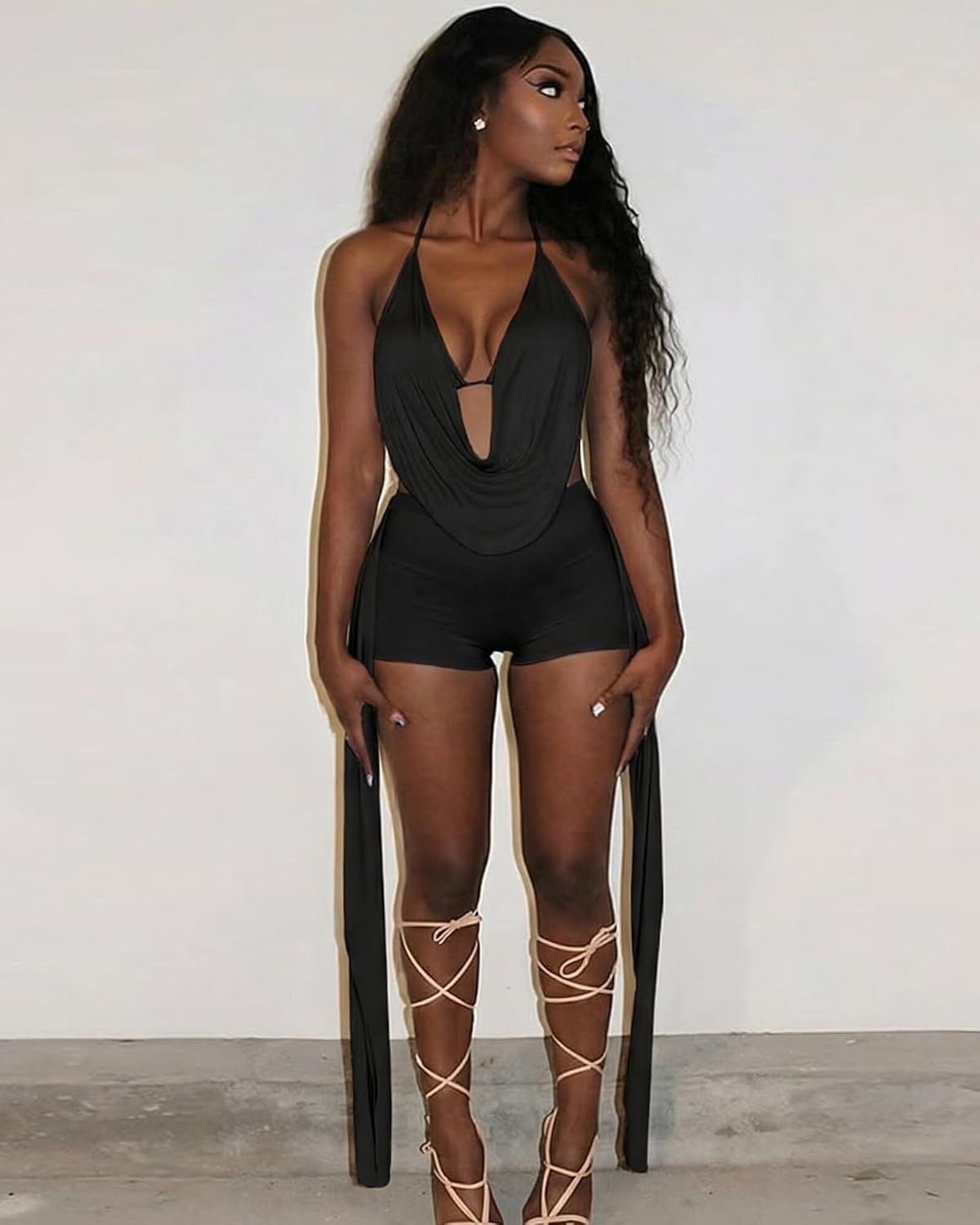 Ophestin Women Sexy Two Piece Outfits V Neck Halter Backless Bra Top Bodycon Shorts Side Ribbons Going Out Club Outfits - Image 6