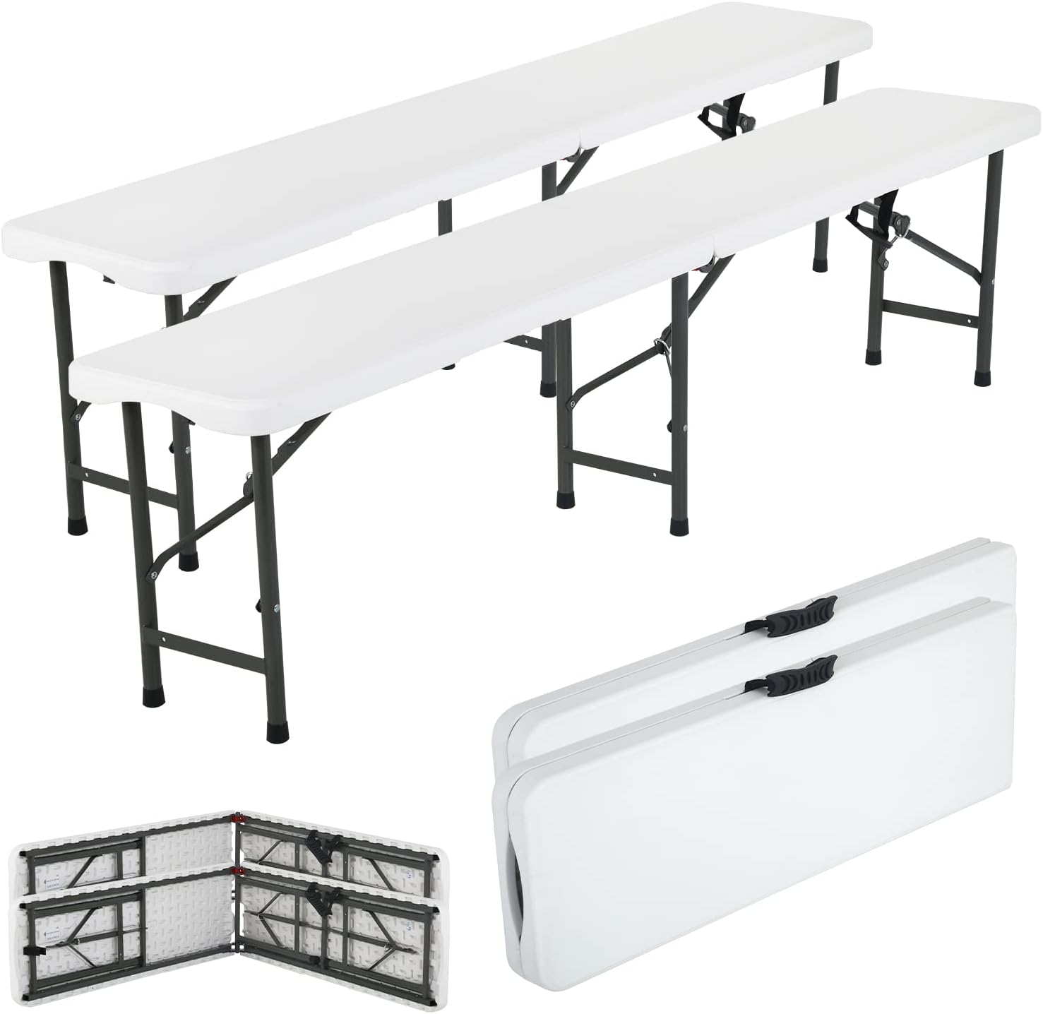 Dkelincs Folding Bench 6 ft | Portable Plastic Outdoor Benches | Picnic Camping Folding Chair with Carrying Handle for Picnic Camping Dining Party, White(2 Pack)