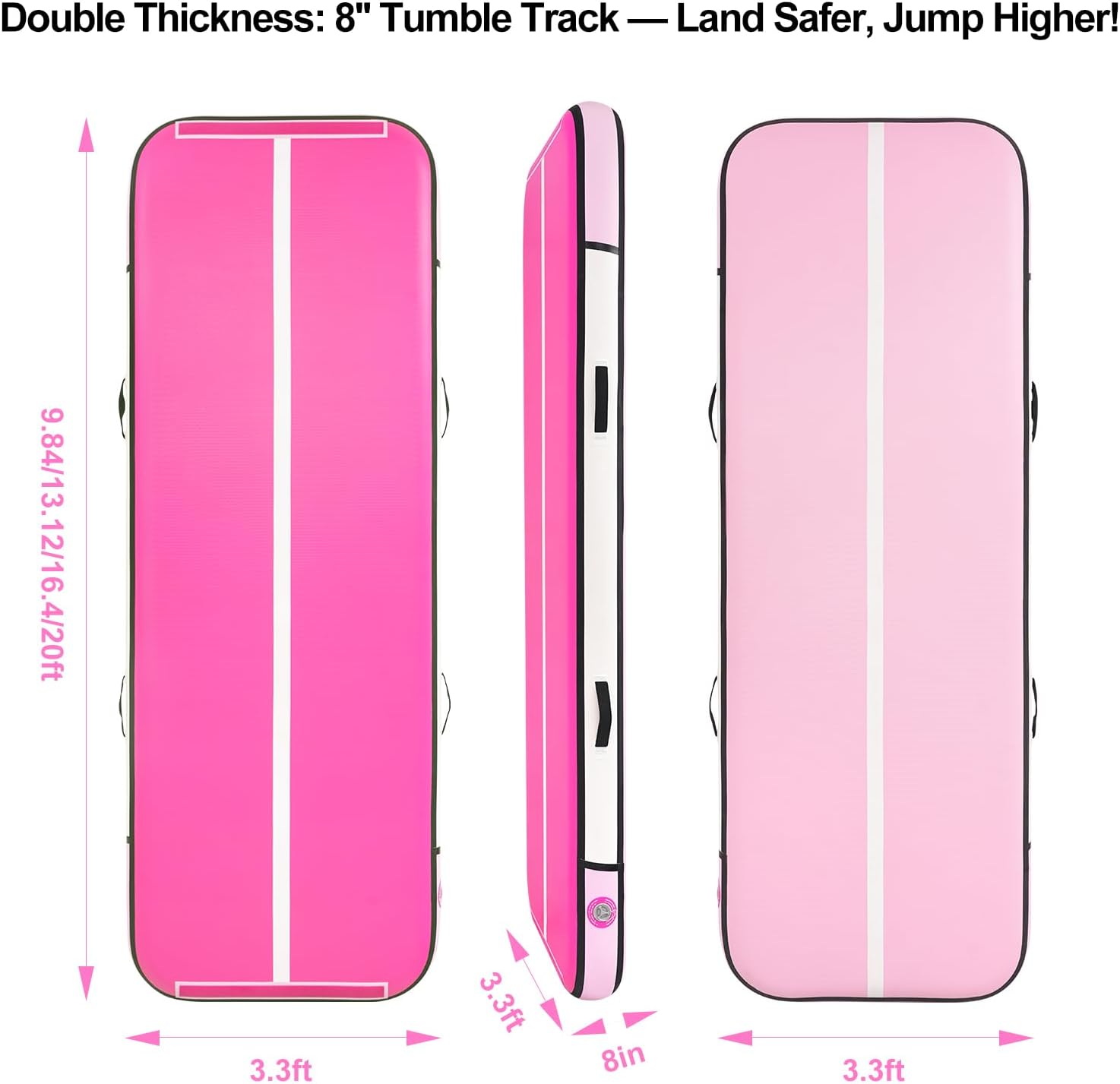 Tumble Track, Inflatable Tumbling Mat,Tumble Track Mats for Gymnastics, and Tumble Track with 8 Inches Thickness for Home, Training, Cheerleading, Yoga, Water with Pump(Pink, 16.4ft x 3.3ft x 8inch)