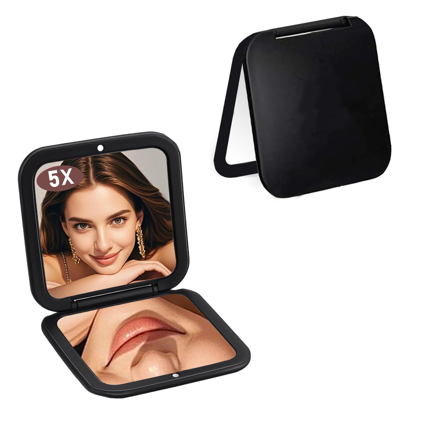 Small Compact Mirror for Purse,5X/1X Travel Magnifying Mirror for Women, Makeup Mirror for Girls, Portable Ultra Slim Pocket Mirror（Black）