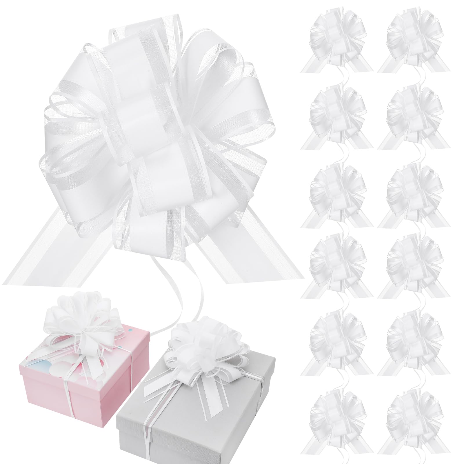 12Pcs 7 Inch Large Organza Pull Bows, Plastic Ribbon Pull Bows for Gift Wrapping Valentine Wedding Cars Flower Baskets Party Decorations, White