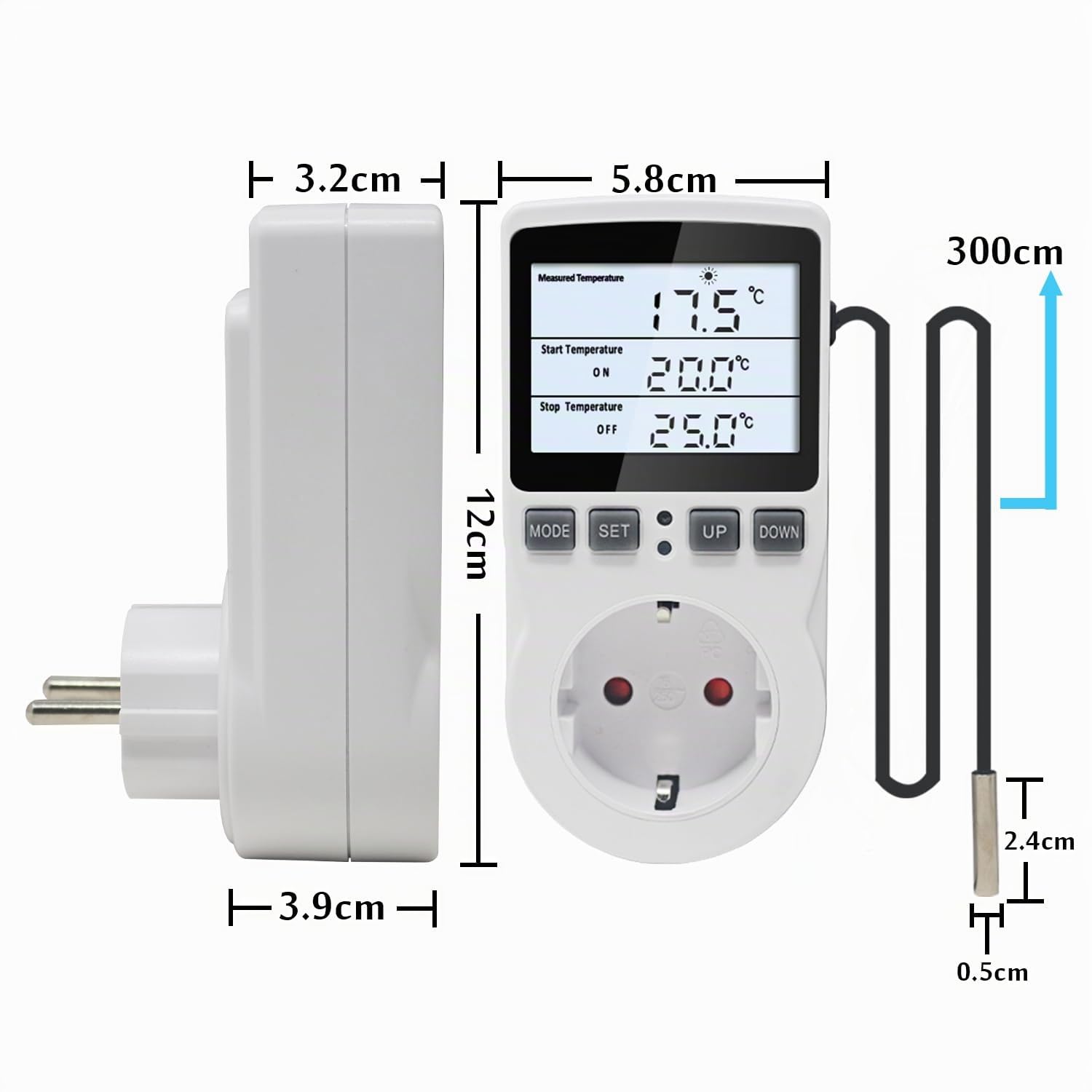 KETOTEK Prise Thermostat 220V avec rétro-éclairage, Sonde NTC de 3 Mètres