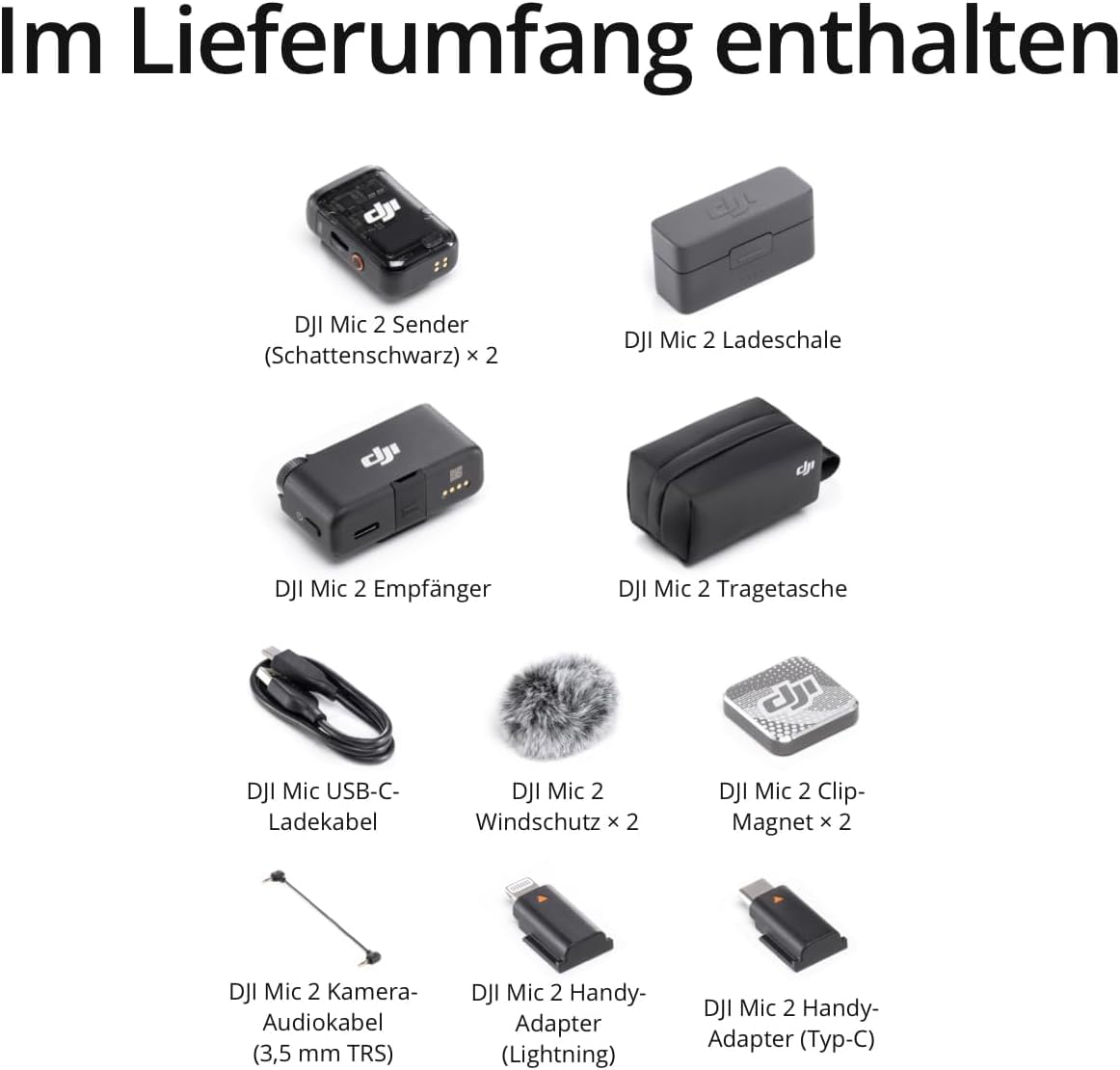 DJI Mic 2 (2 Sender + 1 Empfänger + Ladeschale), kabelloses Mikrofon für Kamera/Handy, Vlog, Streaming, Rauschunterdrückung, 48kHz Interne 32-Bit-Float-Aufnahme, 250m, mit Ladegerät