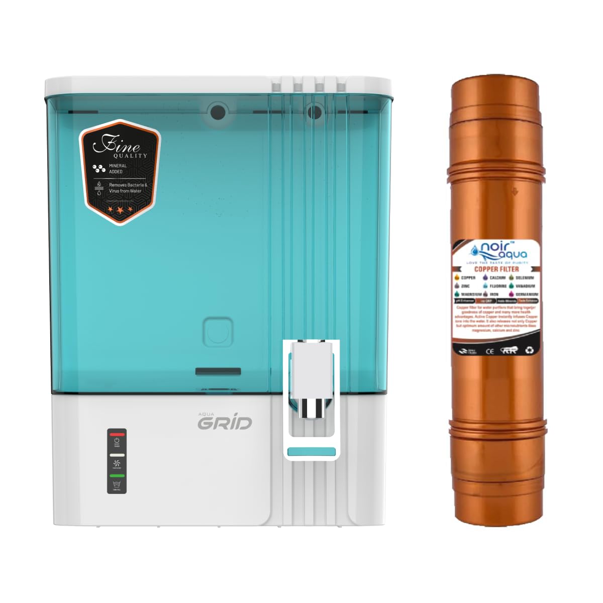 Noir Aqua Grid Advanced Copper 8 Stage 10 Ltrs RO + UV + UF + TDS Control + Pre Filter & Accessories, Premium RO Water Purifier For Home and office, Fully Automatic, Green