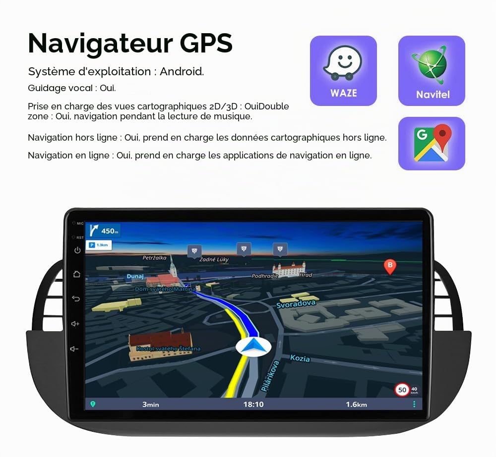 hizpo 9 pouces écran tactile Autoradio compatible avec Fiat 500 2007-2014 avec Carplay/Android Auto 4-core UPC 2+32GB DAB Adaptateur autoradio WiFi 4G Mirror Link (noir-1)