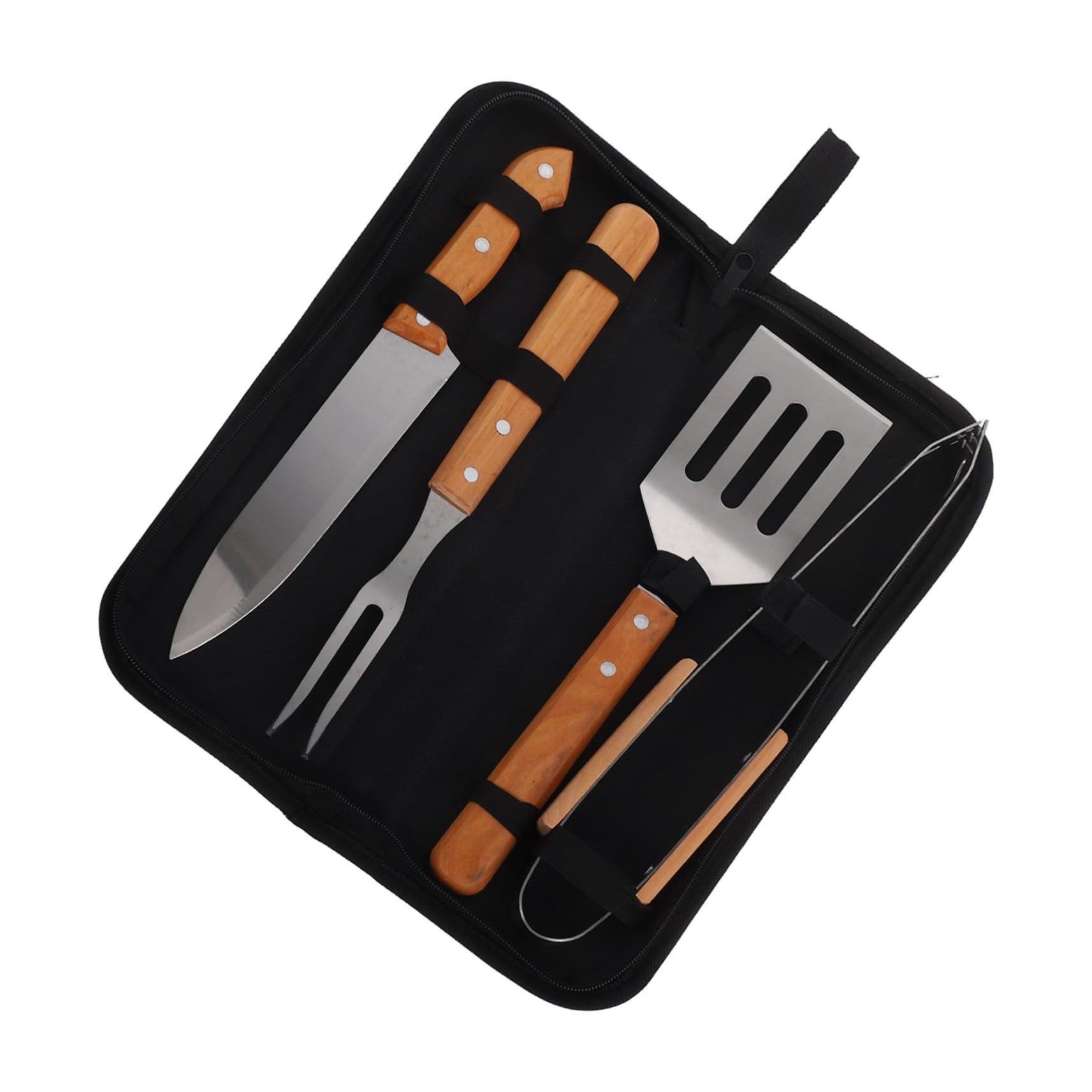 Toyvian Attrezzi Per Barbecue in Acciaio Inox Con Forchetta Spatola Pinze e Taglierina Utensili Portatili Per Manico in Legno e Borsa Per Trasporto