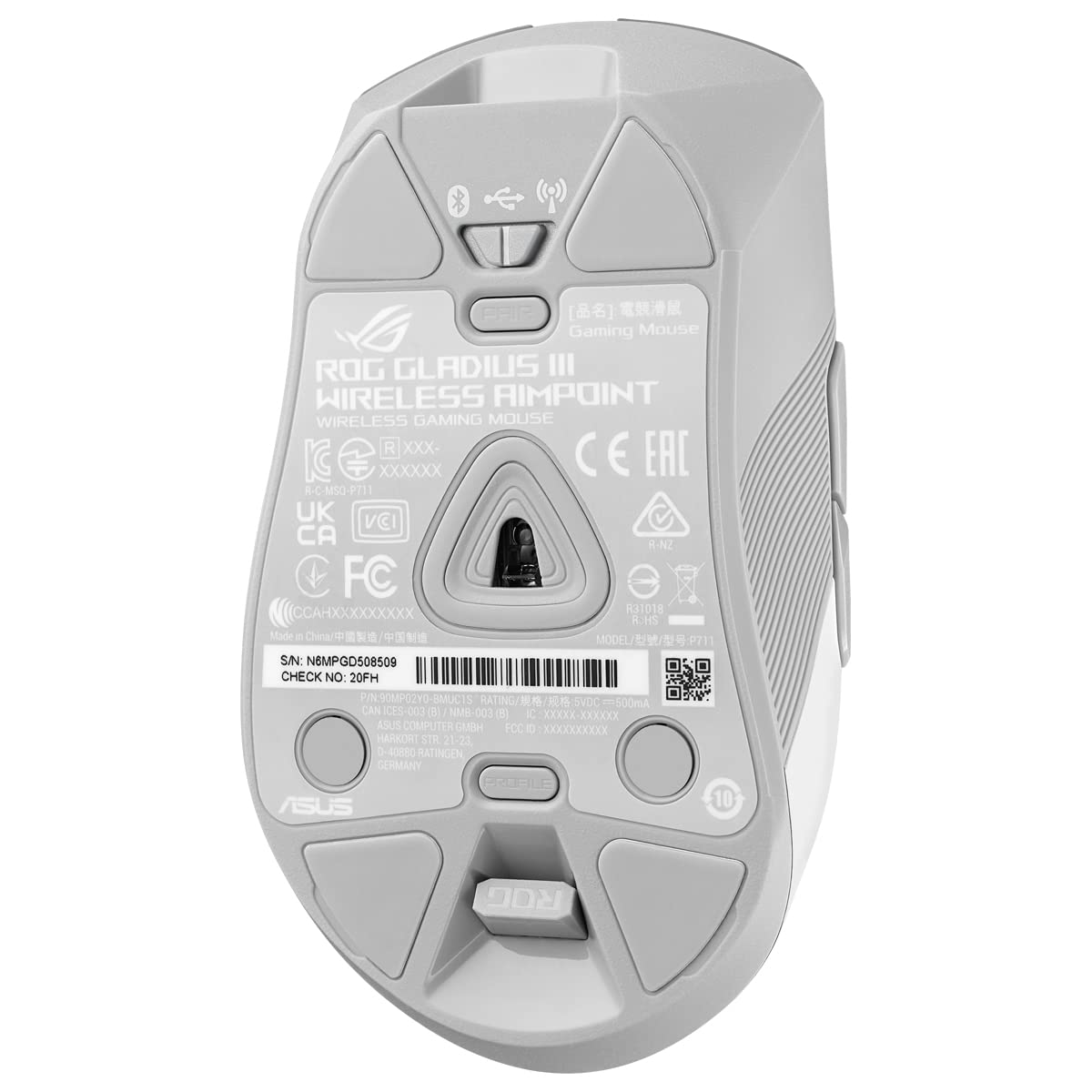 ASUS ROG Gladius III Wireless AimPoint - Ratón Gaming (Conectividad Triple 2.4GHz, Bluetooth, USB, 36000 dpi, 6 Botones programables, ROG SpeedNova, interruptores Intercambiables, Paracord), Blanco