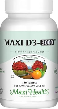 Maxi Health Vitamin D3 3000 IU 75 mcg Vitamin D Supplement for Healthy Bones, Teeth, Immune Support - VIT D3 Supplement Easy to Swallow Non-GMO, Supplement for Men and Women Kosher 180 Tablets