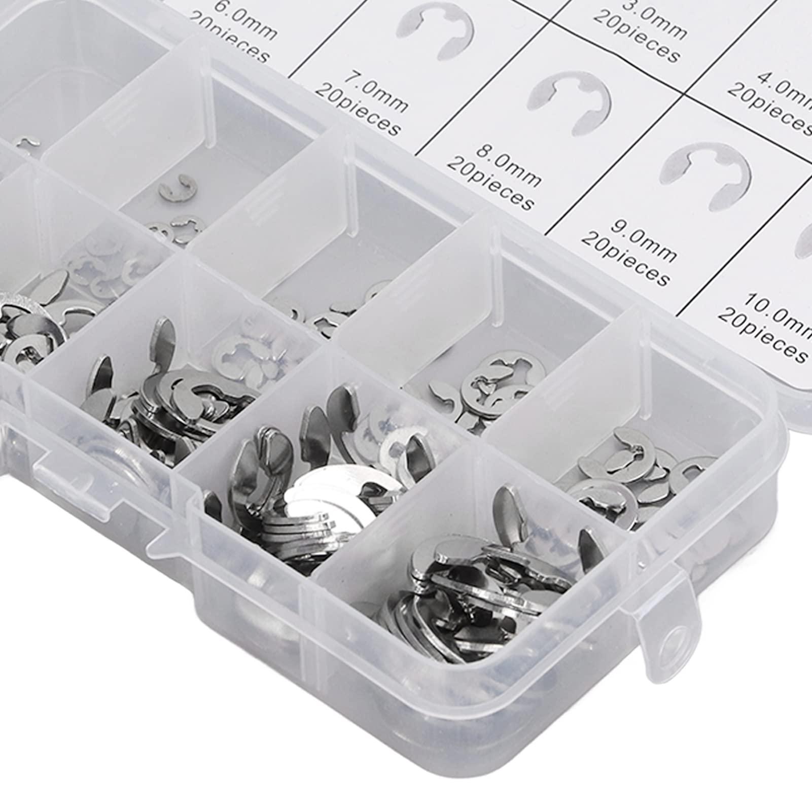 ZAWELIYO 200PCS E Clips Assortment Kit, Stainless Steel Good Tension Strength, Snap Rings for Bearing, Gears, Pulleys, Axles with Large Holding Area, Circlip for Shaft