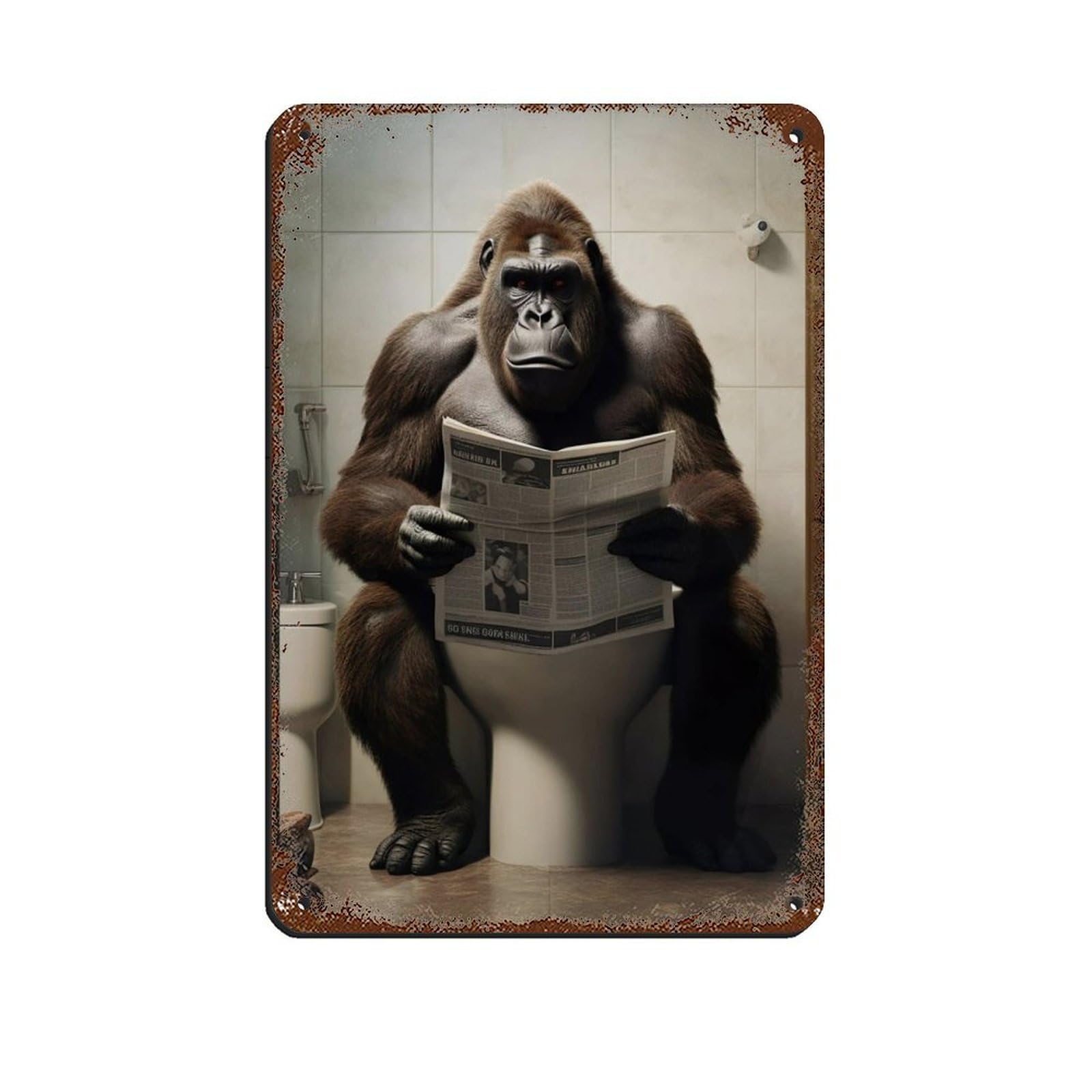 Lxwnze 20L X 30W Cm Gorilla Sitting On The Toilet Reading A Newspaper (5) Retro Poster Metal Tin Sign Chic Art Retro Iron Painting Bar People Cave Cafe Family Garage Poster Wall Decoration 8X12inch(20X30cm)