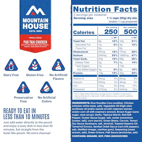 Image of Mountain House Gluten-Free Pad Thai with Chicken | Freeze-Dried Food for Camping, 4 Servings, 30-Year Shelf-Life, 2-Pack