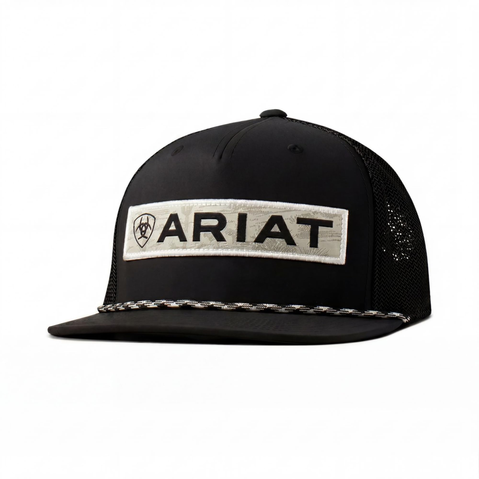 Ariat Men's Desert Scene Patch Cap, Flat Brim, Snapback, Mesh Back, Rope Detail, Black