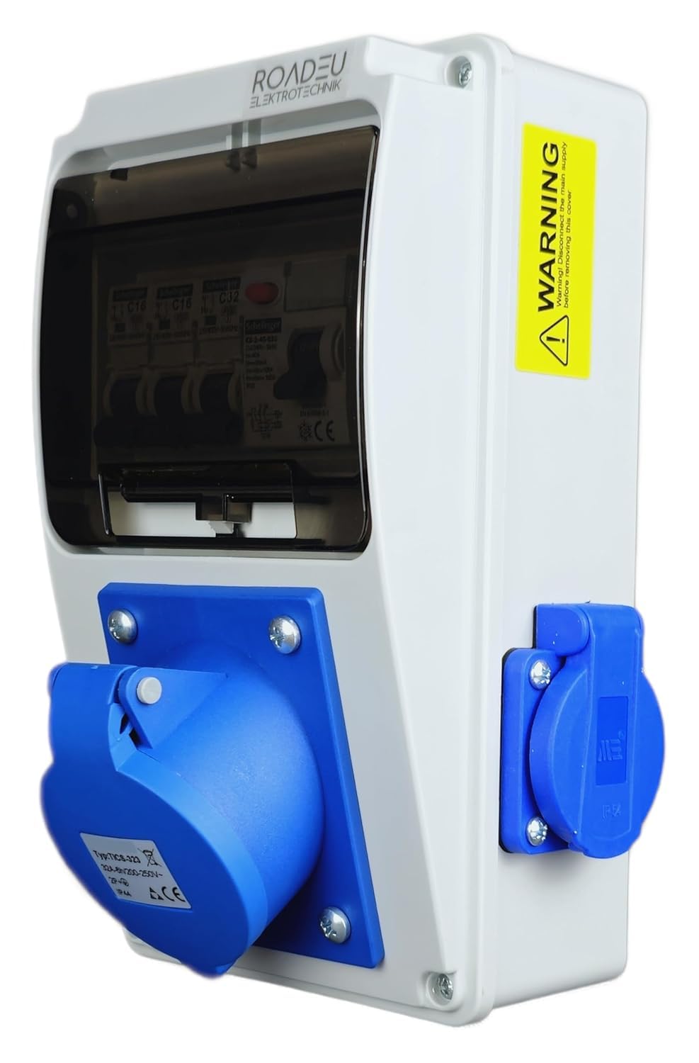 RoadEu - Distributeur de courant 230V. Prise monophasée CEE 32A 3P et 2x 230V. Répartiteur de prises avec disjoncteur différentiel. Prises intégrées avec boîte à fusibles
