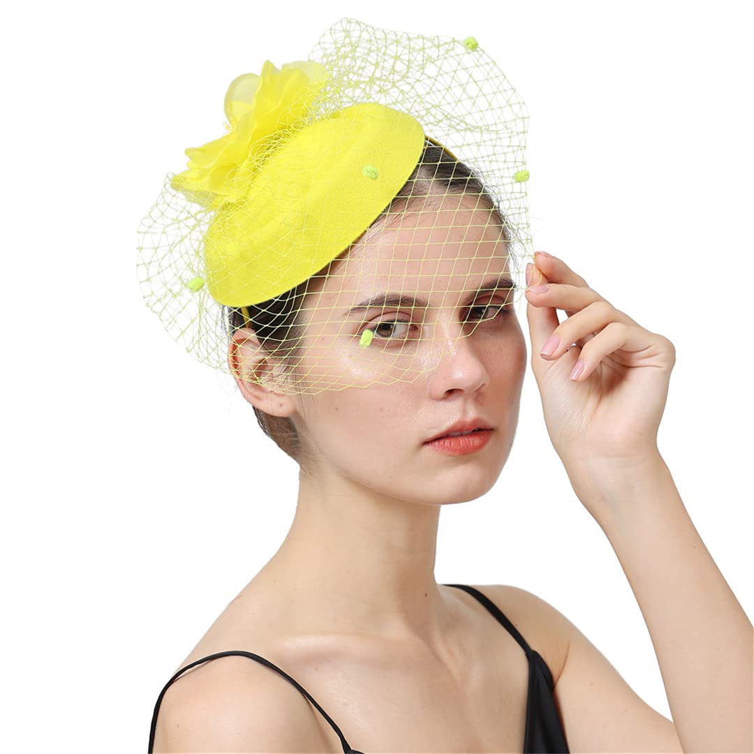 FBHappiness Women Fascinator With Face Veil Wedding Headwear Bride Headpece Hair Clip Headband Party Fedora Cap,Feather Flower Hair Clip(Yellow)
